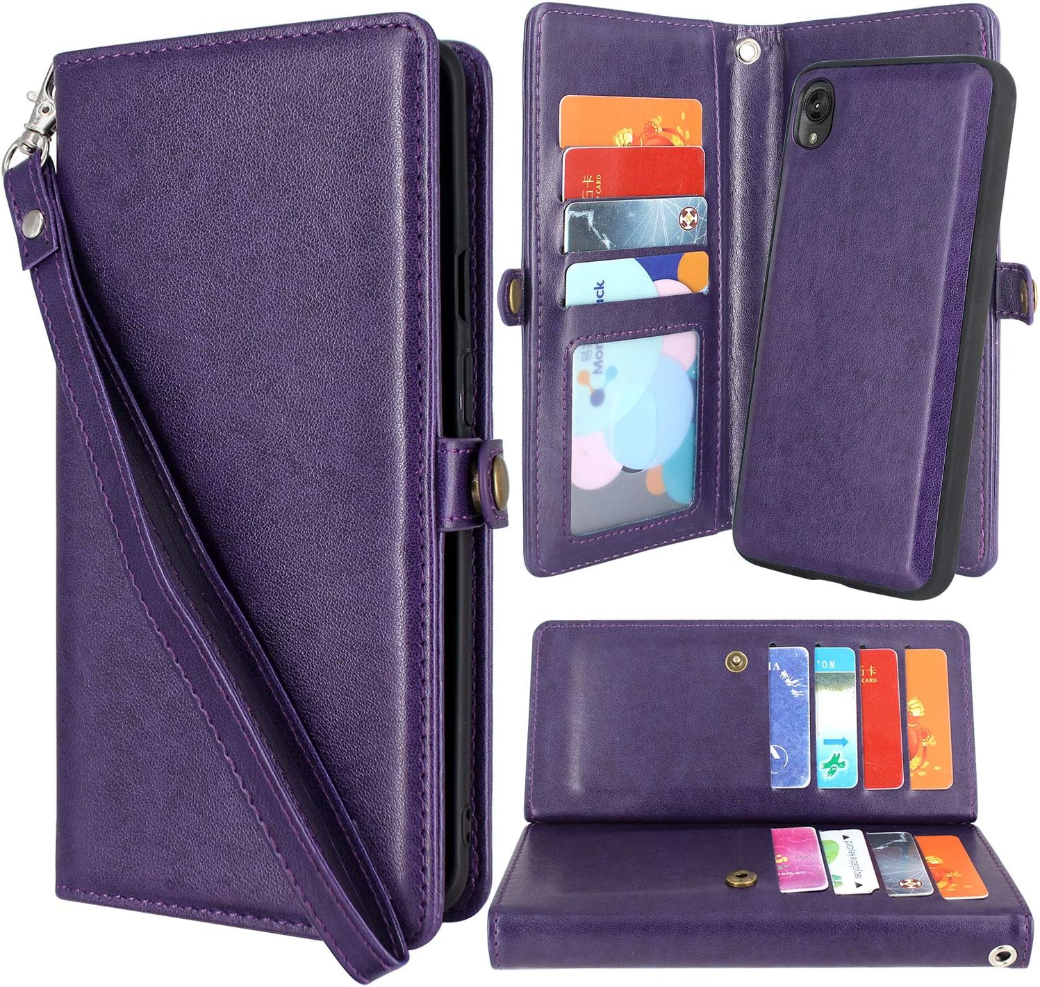 Harryshell Moto E6 Case, Detachable Magnetic 12 Card Slots Wallet Case Shockproof PU Leather Flip Protective Cover Wrist Strap for Motorola Moto E6 (2019) (Purple)
