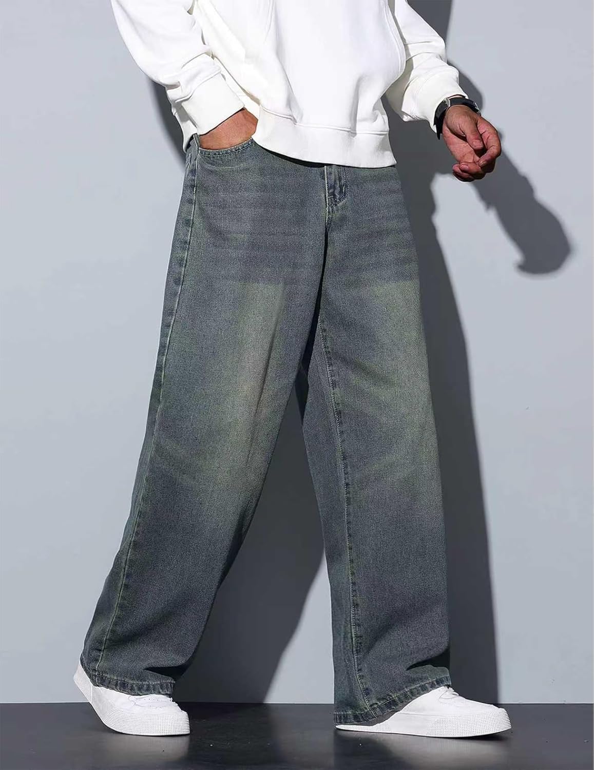 Mens Baggy Jeans Loose Fit Denim Jeans Wide Leg Hip Hop Pants Y2K Skater Trousers Streetwear - Image 4