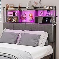 WATHPUR 54.8" Queen Size Headboard with 3-Tier Storage Shelves, USB/Type-C Charging, RGB LED Lights & Soft Linen Upholstery