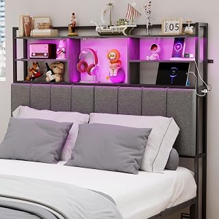 WATHPUR 54.8" Queen Size Headboard with 3-Tier Storage Shelves, USB/Type-C Charging, RGB LED Lights & Soft Linen Upholstery