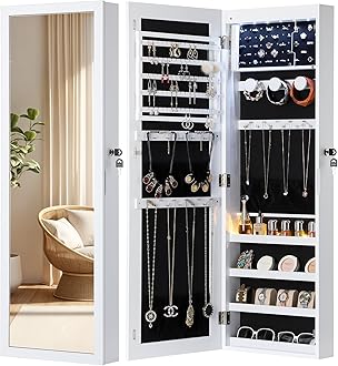 NicetreeNicetree LED Mirror Jewelry Cabinet, Lockable Hanging Jewelry Cabinet with Mirror, Door/Wall Mounted Jewelry Organizer, Large Capacity Jewelry Armoire with Jewelry Storage, Pure White
