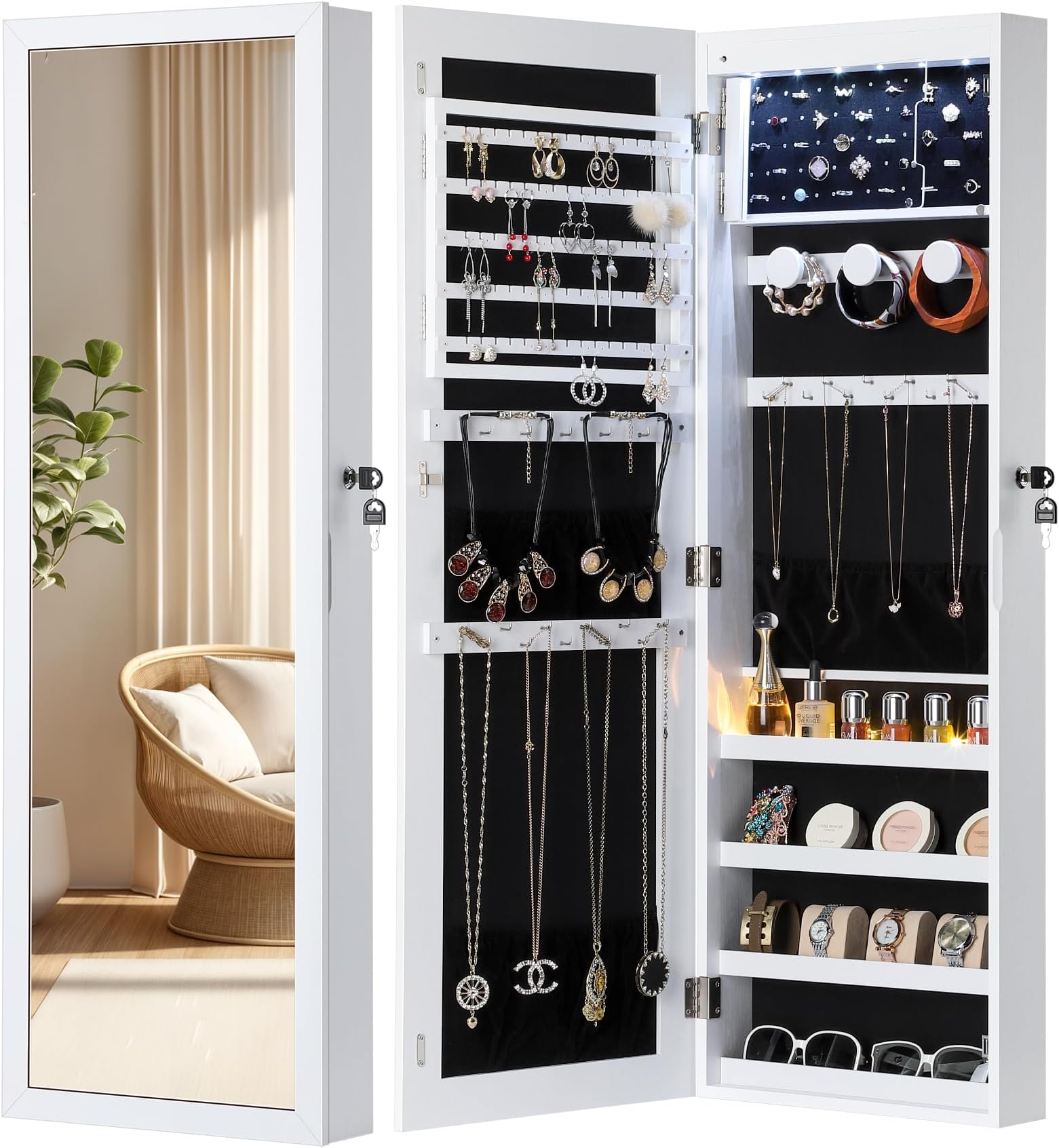 NicetreeNicetree LED Mirror Jewelry Cabinet, Lockable Hanging Jewelry Cabinet with Mirror, Door/Wall Mounted Jewelry Organizer, Large Capacity Jewelry Armoire with Jewelry Storage, Pure White