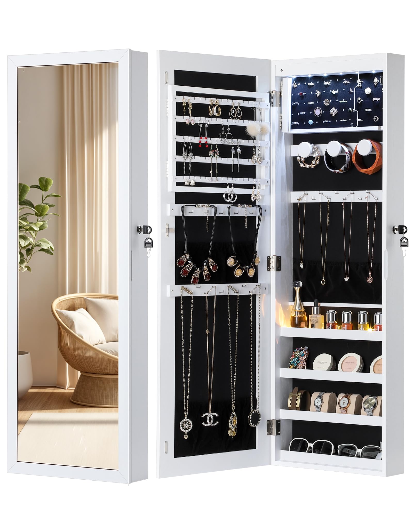 NicetreeNicetree LED Mirror Jewelry Cabinet, Lockable Hanging Jewelry Cabinet with Mirror, Door/Wall Mounted Jewelry Organizer, Large Capacity Jewelry Armoire with Jewelry Storage, Pure White