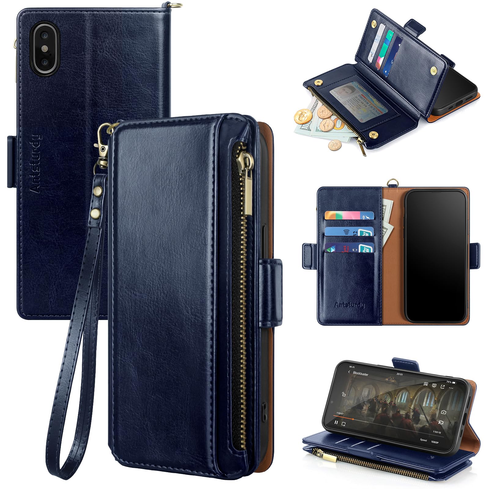 Antsturdy for iPhone XR Phone Wallet Case Women,Dark Blue | RFID Blocking,with Credit Card Holder Slots,PU Leather Purse,Zipper Pocket,Wrist Strap