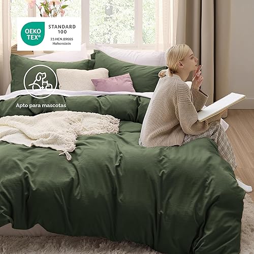 Miniatura 5 de Bedsure Funda de edredón de tamaño King, juego suave, prelavado, verde oliva, 3 piezas, 1 funda de edredón de 104 x 90 pulgadas con cierre