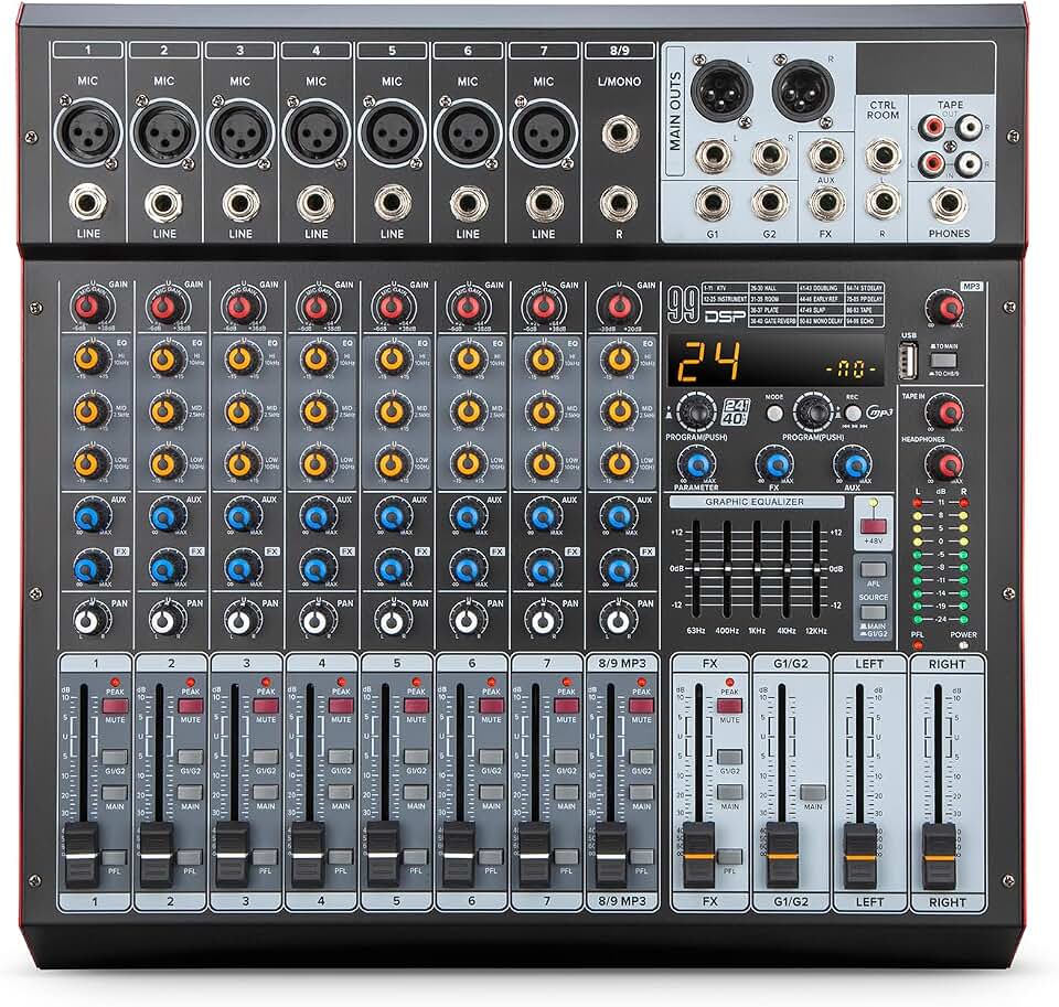 Mesa de Som Amplificada de Canais com 99 Efeitos DSP, Amplificador de 500W×2, Bluetooth, USB/MP3, Phantom Power de 48V, EQ de 5 Bandas - Mesa de Mixagem Profissional (VDA309L-127V)