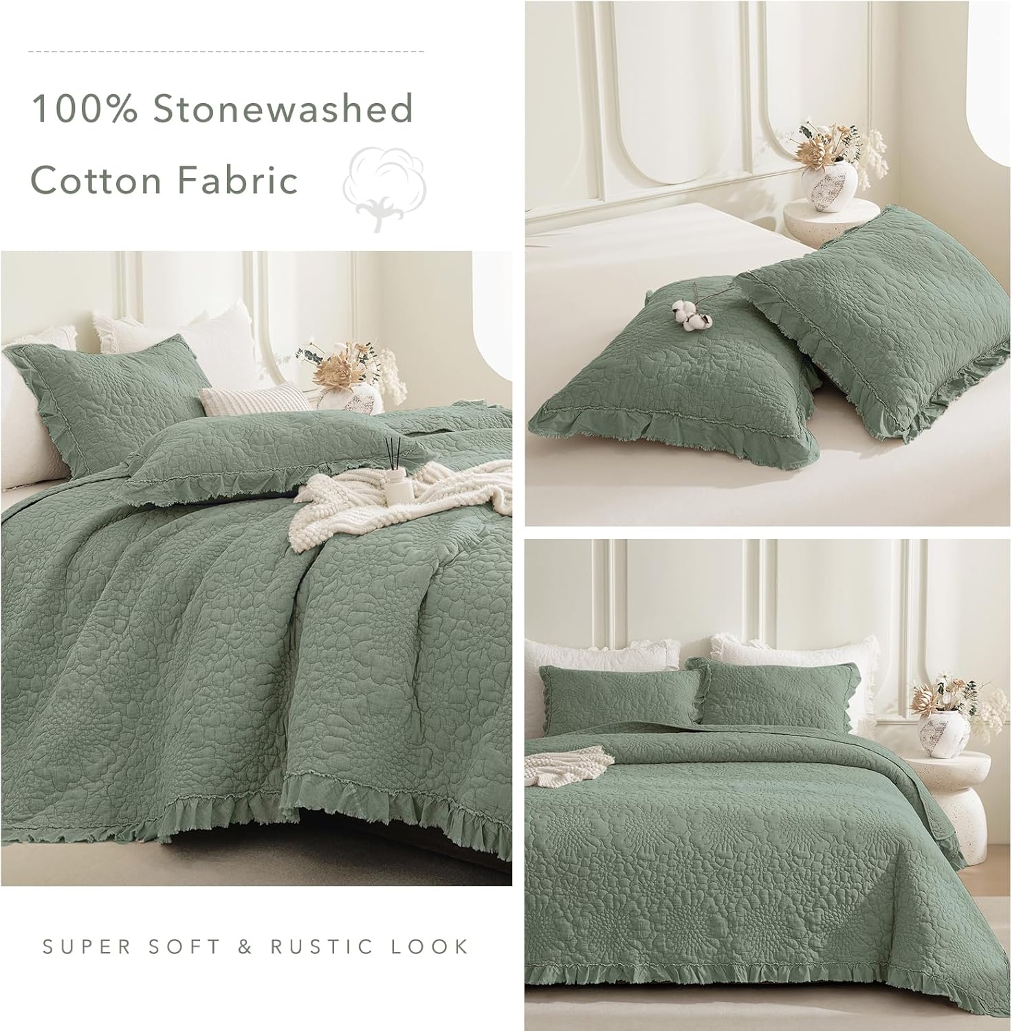 QSH Green Stonewashed Cotton Oversized King Quilt Bedspread Set(128x120),3PCs Farmhouse Ruffled Bedspread California King,Ultra Soft Lightweight Crinkled Quilt Coverlet Set with Pillow Shams