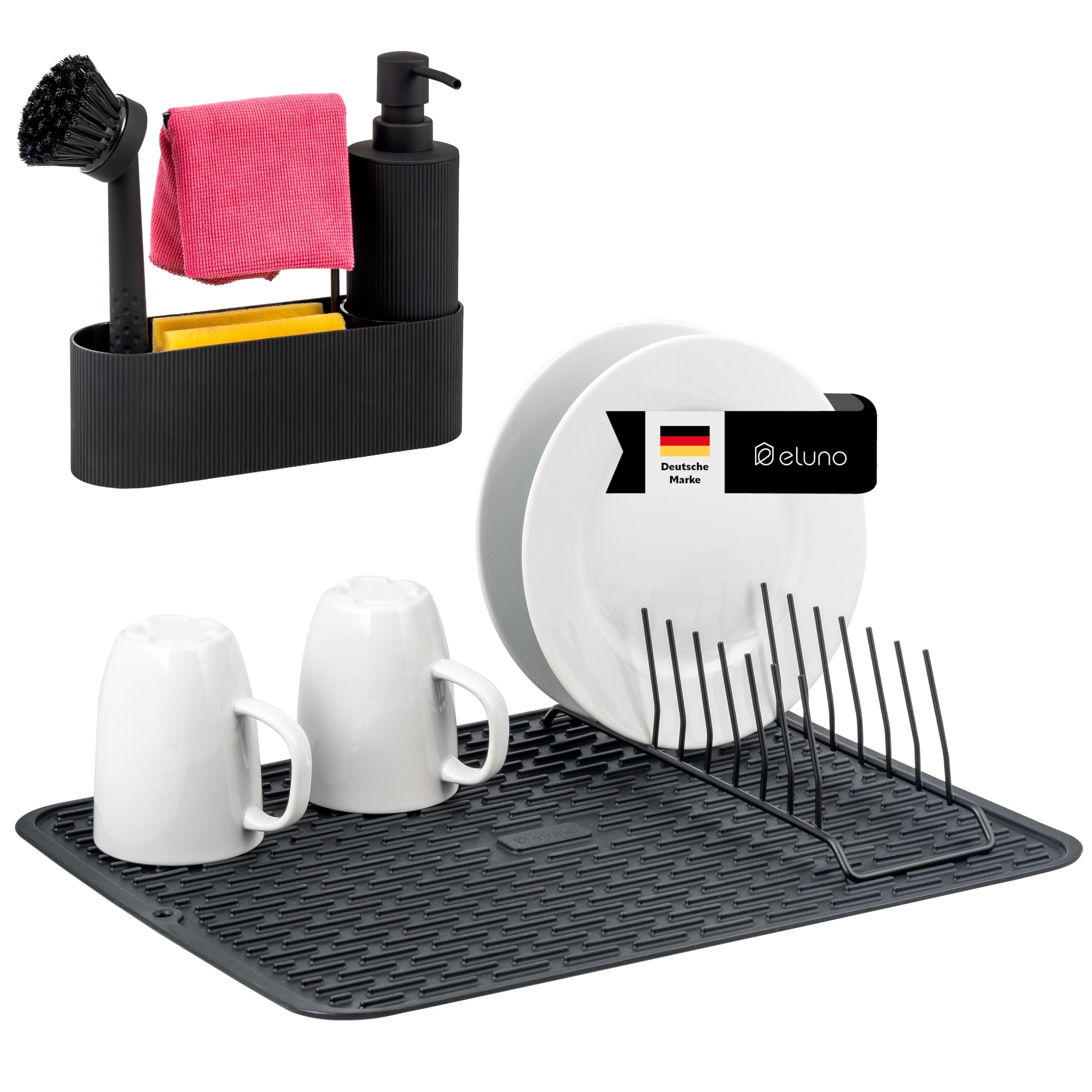 eluno Spül-Set 2er, bestehend aus Spülbecken-Organizer mit Soft-Touch Oberfläche und Abtropfmatte inkl. Abtropfgestell für 9 Teller, Geschirrspülset inkl. Seifenspender mit 350 ml Volumen, schwarz
