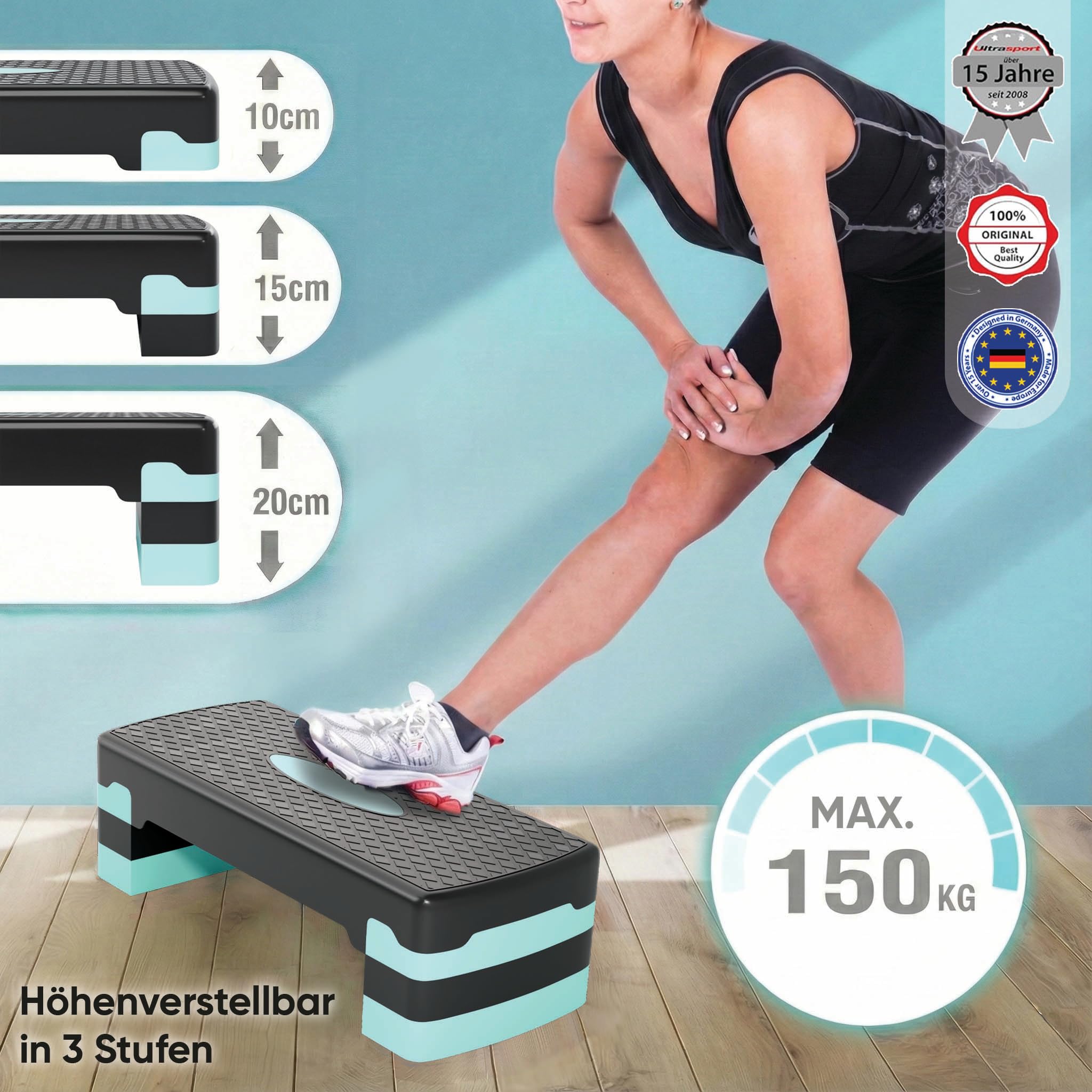 Ultrasport Aerobic Steppbrett I Step Up Board Rutschfest, 3-fach Höhenverstellbar I Fitness Stepper für Zuhause, Stepboard, Stepbench Brett 68 x 28 cm, Blau
