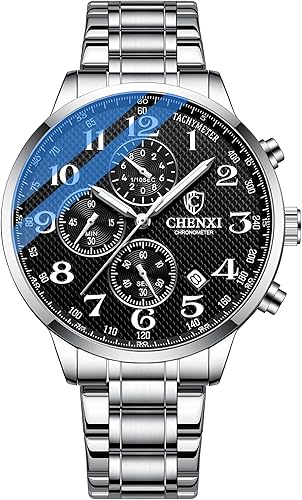 FANMIS Reloj de cuarzo analógico de lujo para hombre, luminoso, chapado en oro, acero inoxidable, esfera negra con diamantes de imitación,