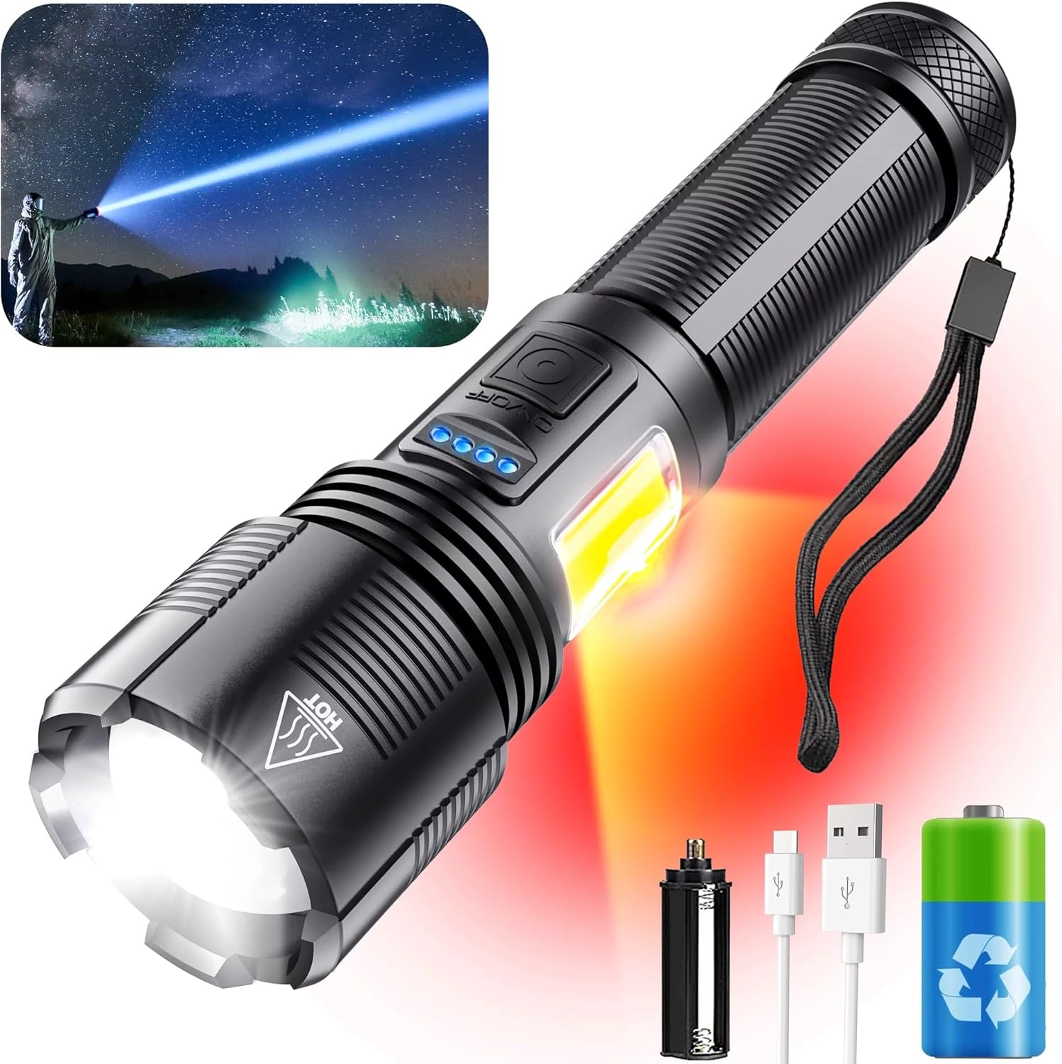 Linkind Torcia LED ricaricabile alta luminosità, 7 modalità regolabili, potente torcia portatile con clip laterale e cordino, IP44 Impermeabile Torcia per campeggio, emergenza, riparazione,1 Pezzi