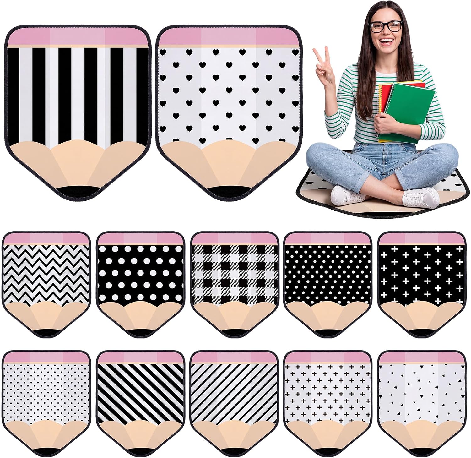 12 Pcs Pencil Carpet Seats for Classroom 17 x 14 Inch Black White Pencil Rug Back to School Floor Cushions Non Slip Soft Floor Mats for School Learning Play Areas Office Decor Back to School Gift