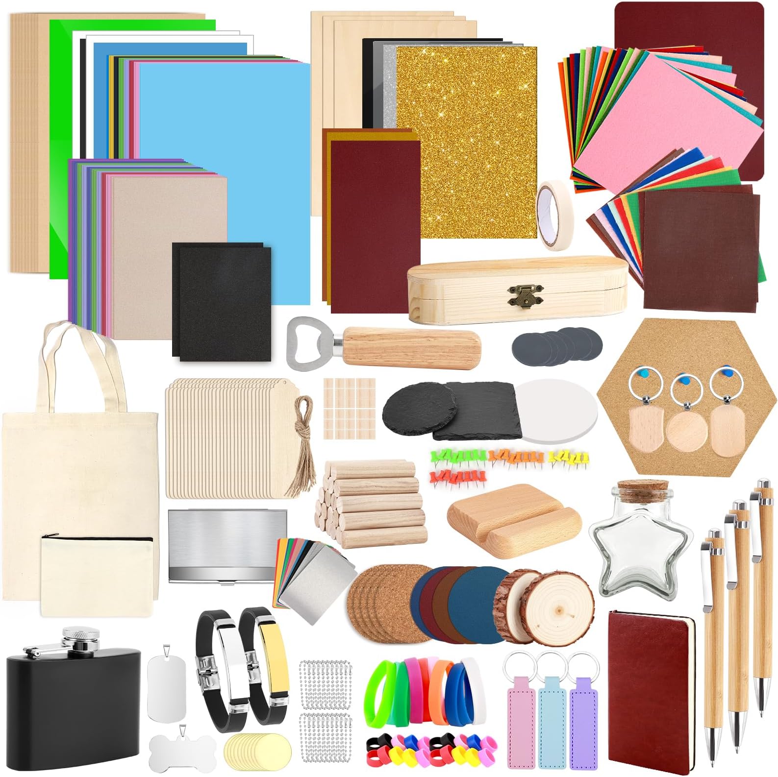 300 PCS Laser Engraving Material, 40 Kinds of Laser Engraver Accessories with Instructions, Laser Engraving Supplies Including Acrylic, Metal, Wood, Fabric, PU Leather, Rubber Materials