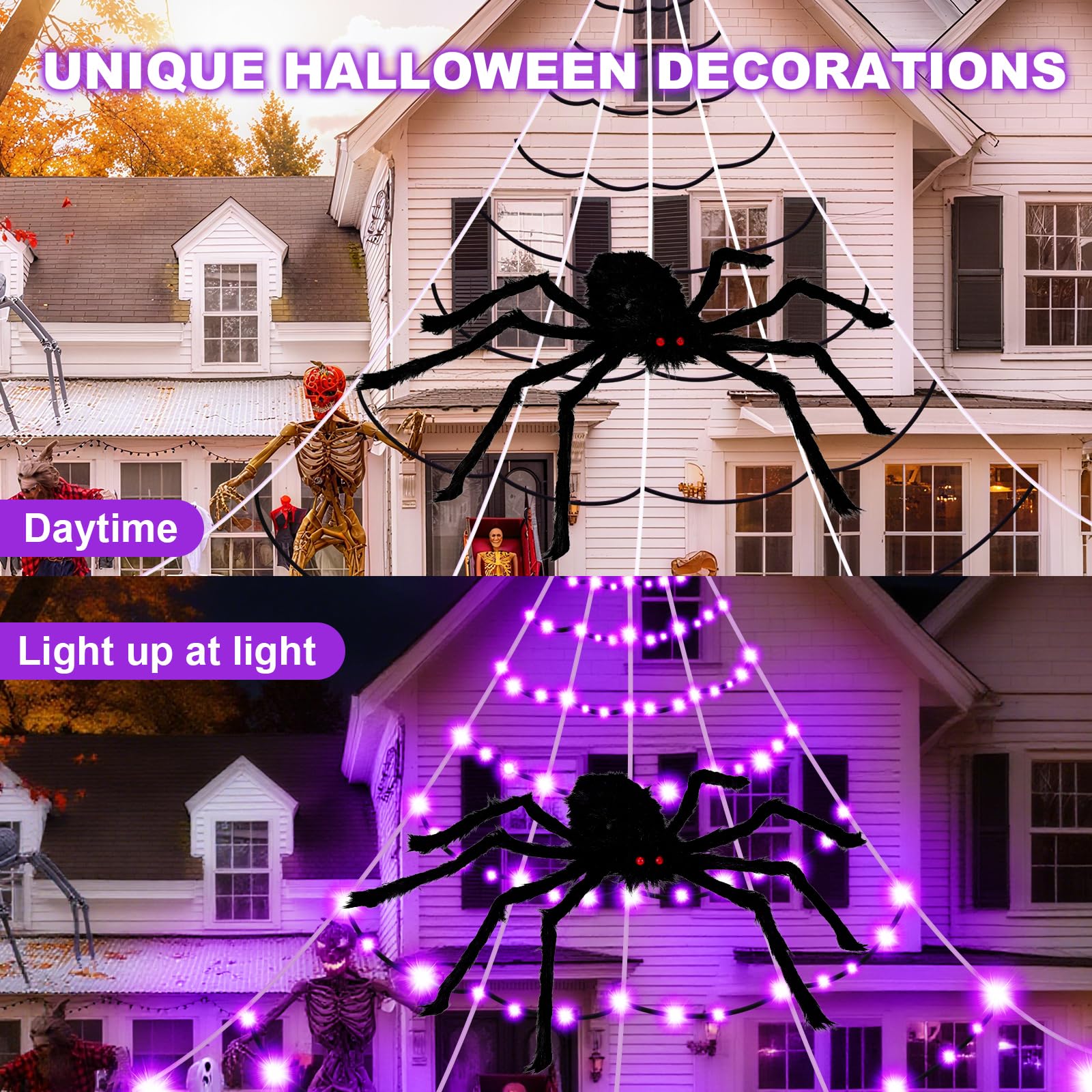 Decoración de telarañas de Halloween para exteriores, telaraña gigante de 19.7 x 14.8 pies con 250 luces LED moradas, telaraña negra triangular iluminada de Halloween con 8 modos y araña para
