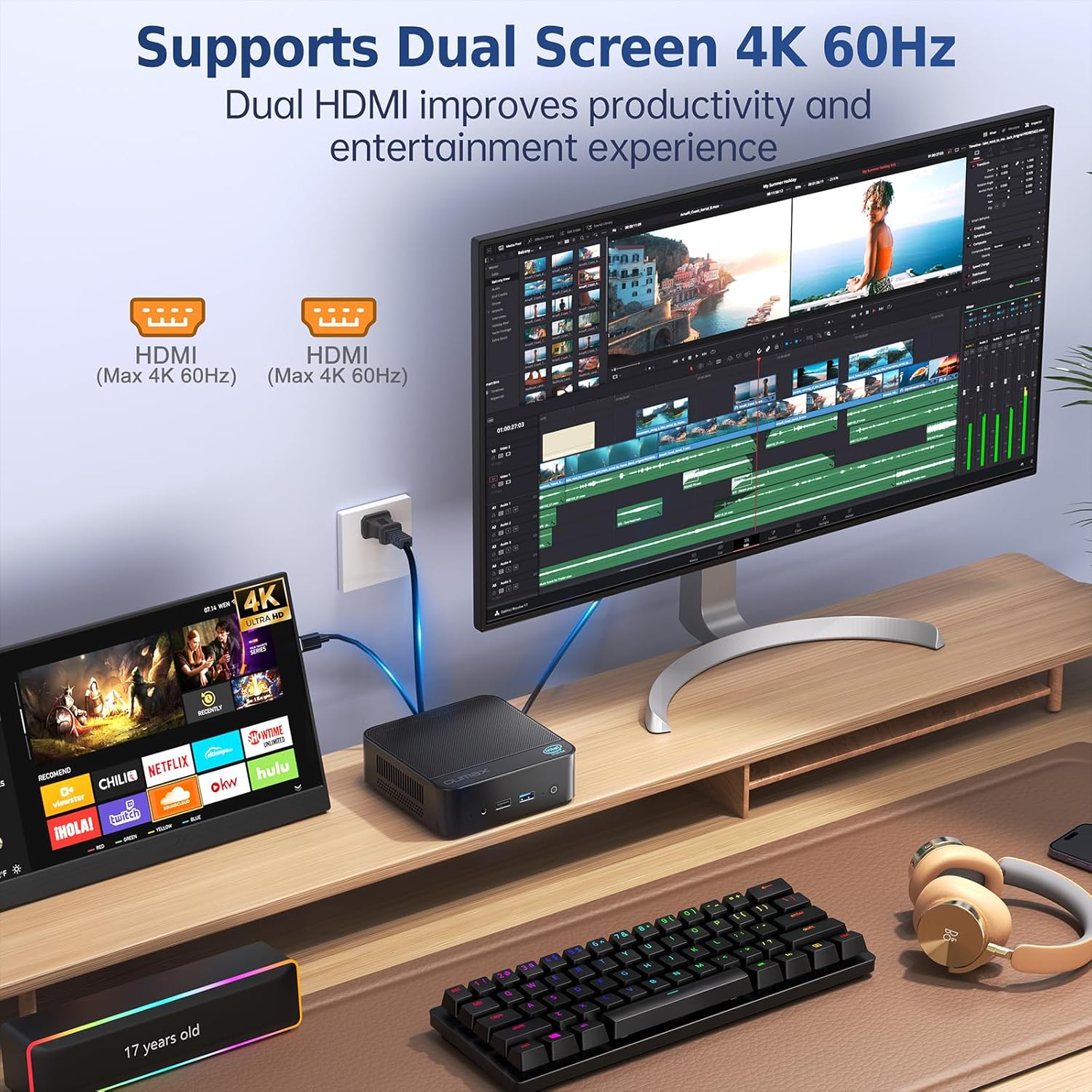 OUMAX N150 Dual LAN Mini PC, Intel 13th Gen Twin Lake N150 (Up to 3.6GHz), 16GB DDR4 500GB M.2 SSD, Mini Computer Support 4K Dual HDMI, WiFi5/BT5.0/USB3.2, Built-in 45W Power Supply Office Desktop PC - Image 7