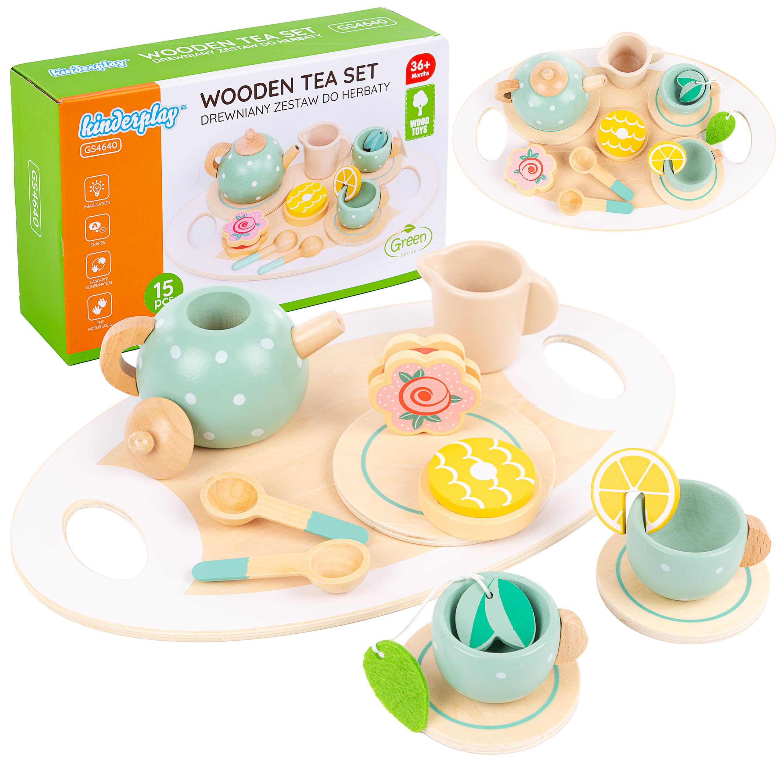 Kinderplay Servizio da Tè in Legno per Bambini – Set 15 Pezzi con Vassoio – Gioco di Imitazione per Tea Party – Accessori Cucina 3+ Anni