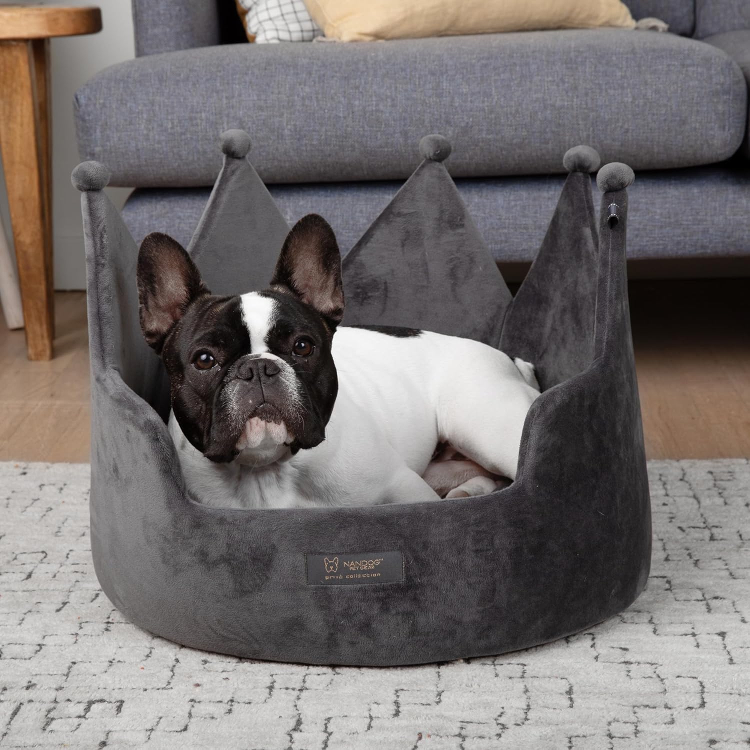 NANDOG Crown Dog Bed for Small Dogs & Cats – Soft Plush Round Pet Bed, Cozy Royal Design, Comfortable Indoor Puppy Bed for Crate or Kennel, Dark Gray, Medium