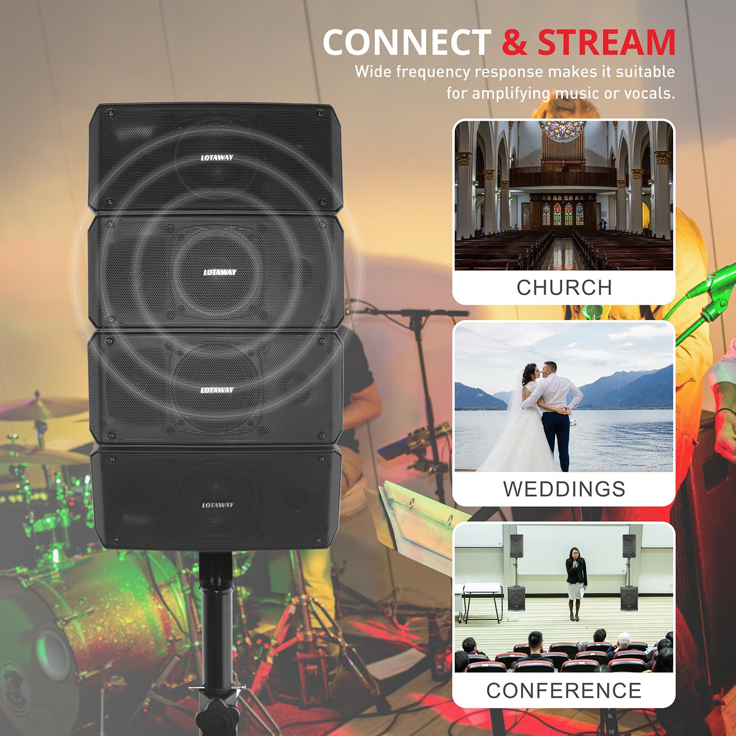 LOTAWAY GWS-042 Line Array Speakers Bluetooth PA Speaker System, 8 DJ Speakers with 15” Subwoofer Outdoor Speaker System, Passive PA Speakers Pair with Active Subwoofer Sound System for Church,Gig