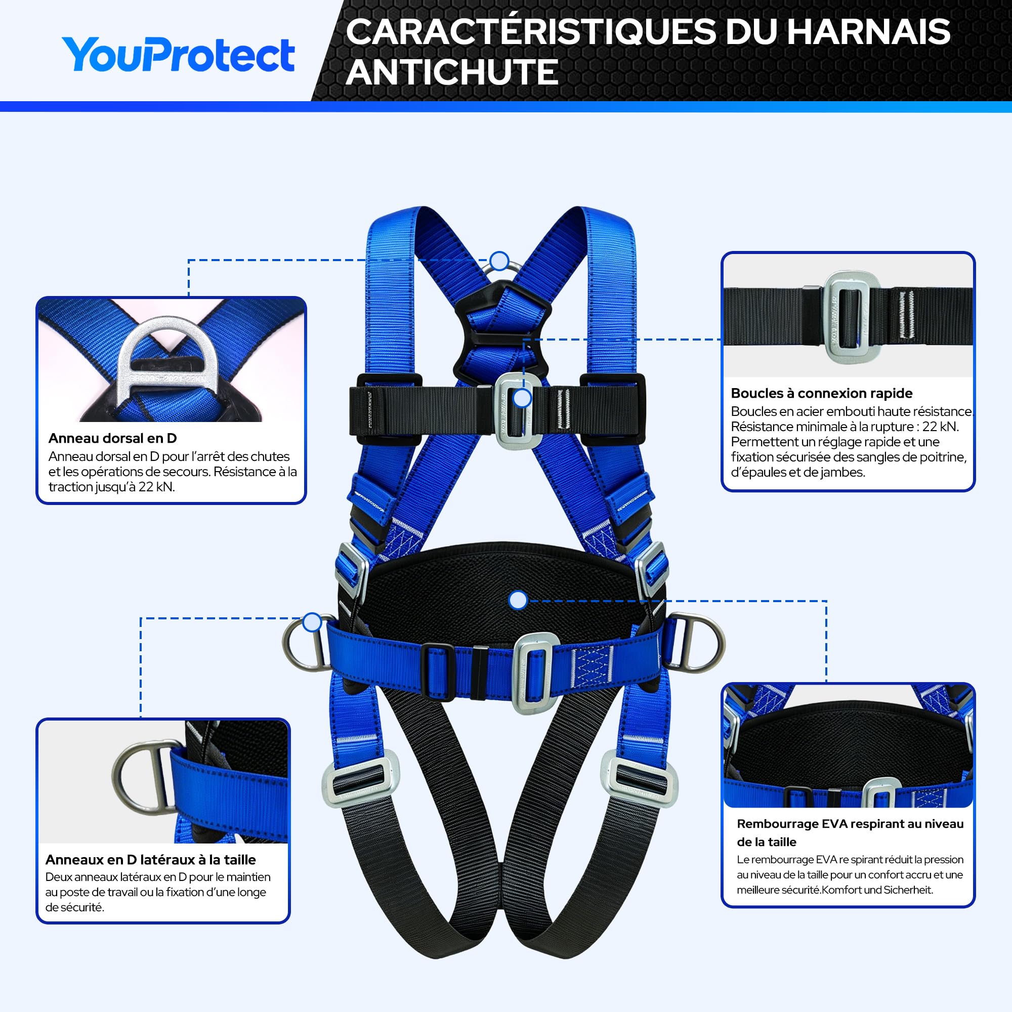 Harnais de sécurité complet réglable avec longe de 1,8 m, Certification CE | charge maximale de 140 kg, pour travaux en hauteur et construction