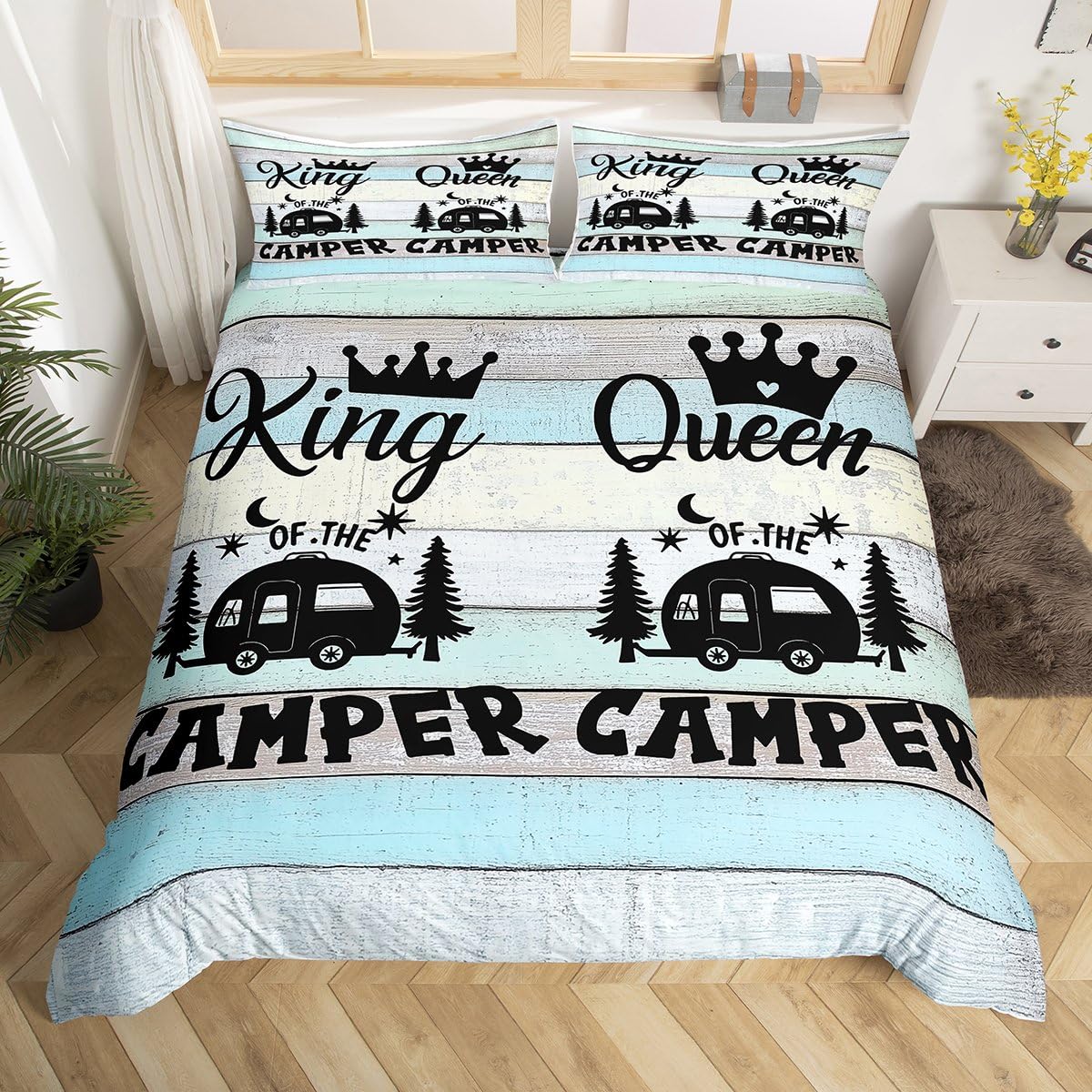 Feelyou Camping Travel Car Tree Bedding Set for Girls Boys Children Happy Camping Comforter Cover Vintage Wooden Door Duvet Cover Room Decor Camper Bedspread Cover Queen Bedding Collection 3Pcs