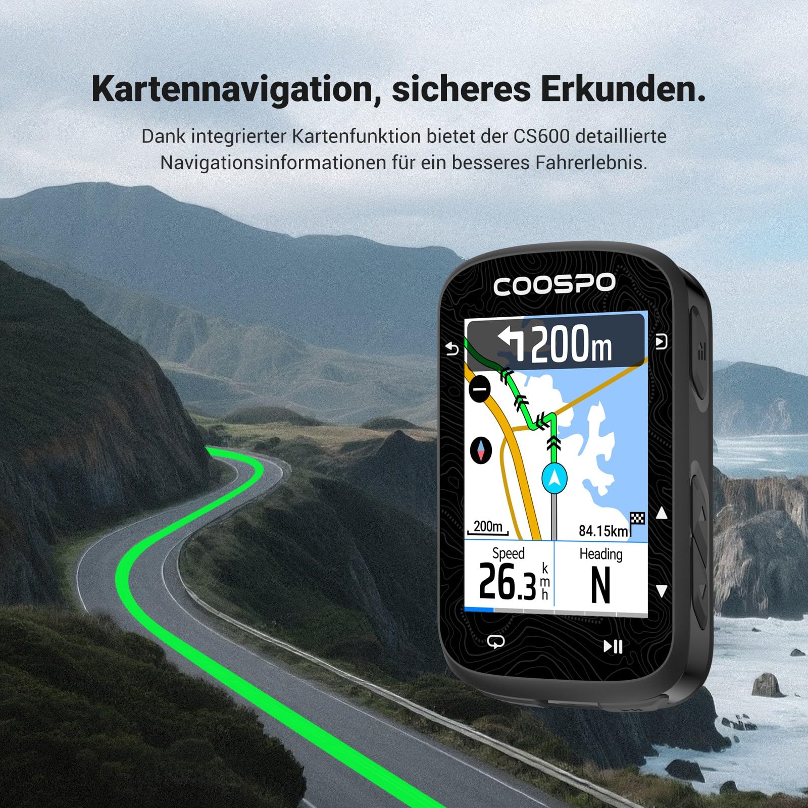 COOSPO Farbtouchscreen GPS Fahrradcomputer CS600, Wireless IPX7 Wasserfestes Fahrrad-GPS-Tachometer mit Bluetooth/ANT+, Hintergrundbeleuchtung & Routennavigation, unterstützt Fahrradradar & 36H