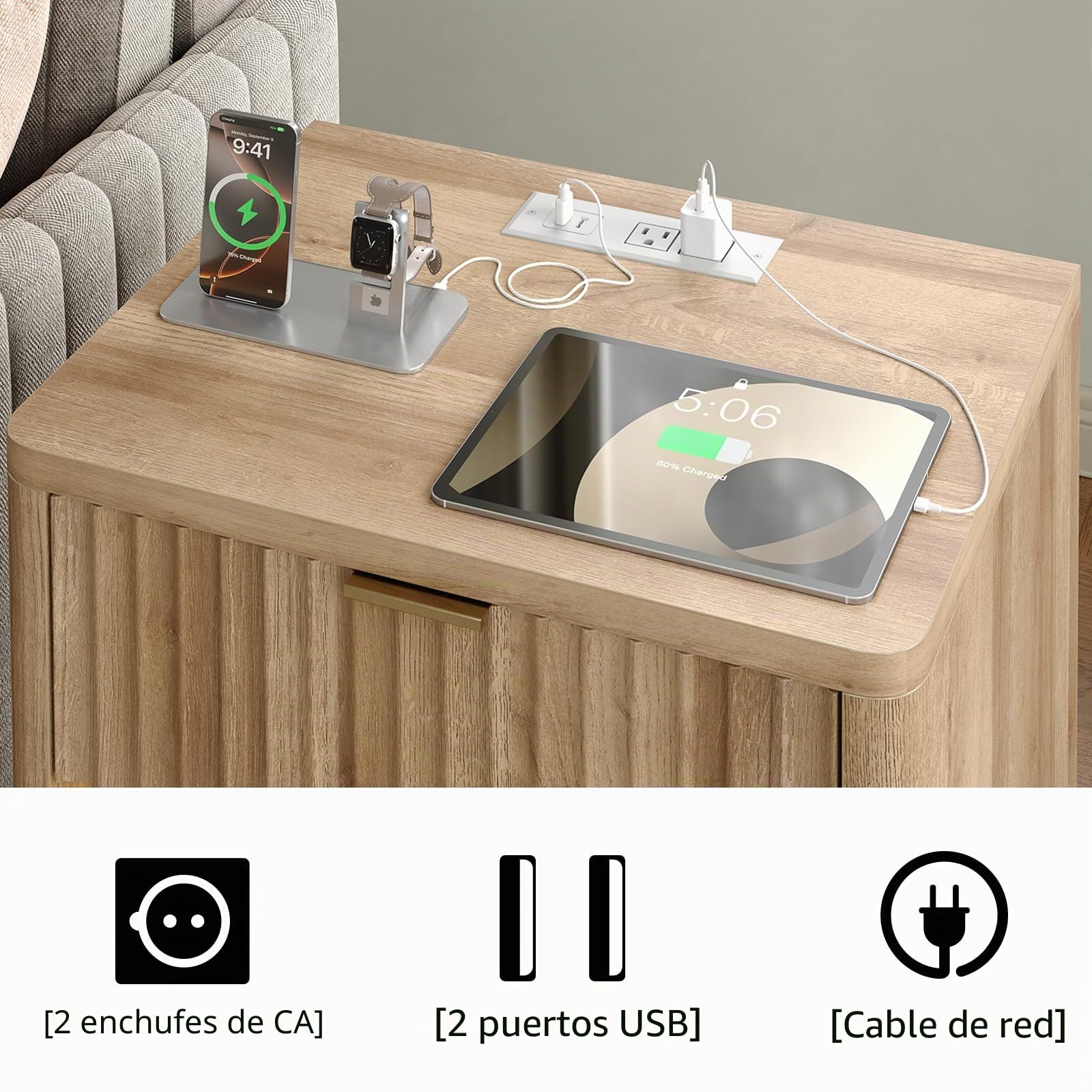 FUSOU Mesa de noche con iluminación LED y enchufes/USB, mesa de noche estrecha con cajón, armario alto con gran espacio de almacenamiento para espacios pequeños, mesa auxiliar para dormitorio