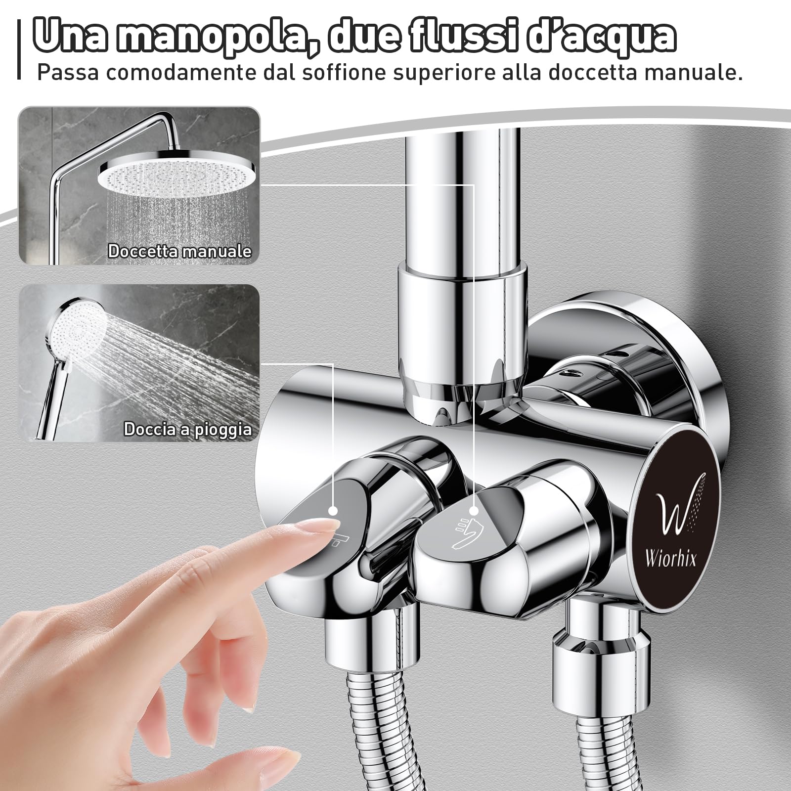 Colonna Doccia con Miscelatore, Soffione Doccia a Pioggia, Doccetta | Saliscendi Doccia, 3 Getti di Spruzzatura, Asta Doccia Regolabile 90–144 cm, Controllo Separato, Argento