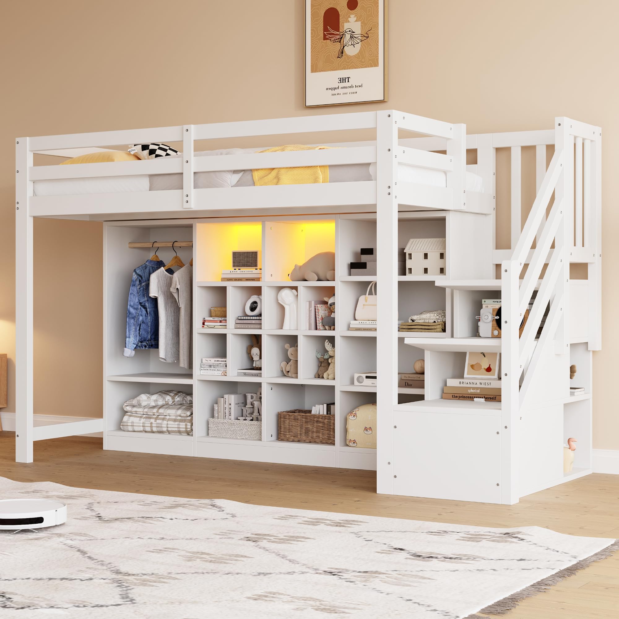 Soweiz Cama alta de 90 x 200 cm, con armarios de almacenamiento con varios compartimentos y un armario, con iluminación LED, escalera lateral integrada, espacio de almacenamiento (blanco)