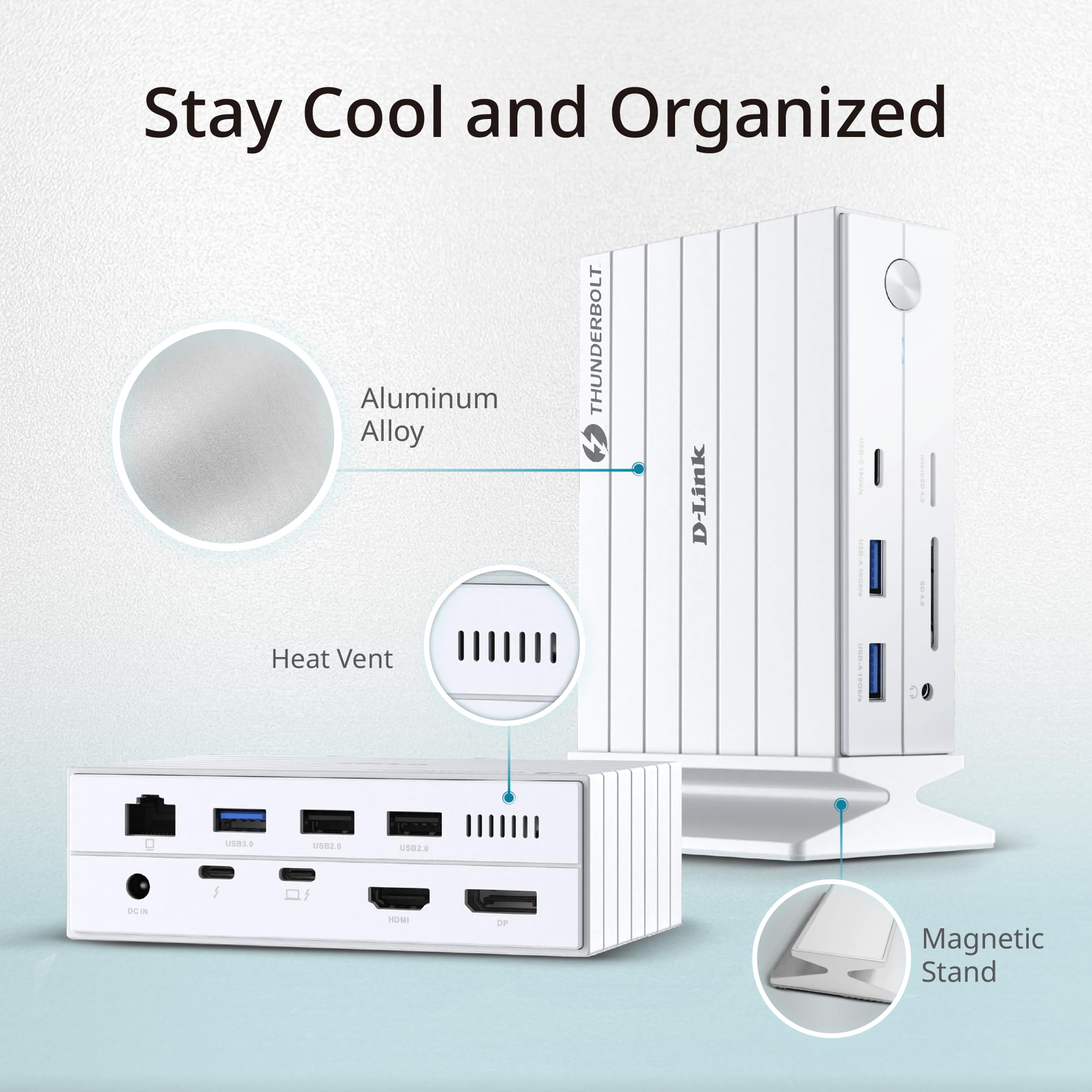 D-Link Stacja dokująca DUF-E01 Thunderbolt 4 14-w-1, potrójny wyświetlacz 8K, 40 GB/sek., ładowanie PD 60 W, HDMI 2.1, DP 1.4, Gigabit LAN, SD/microSD, Audio, Porty USB-C i USB-A - do komputerów Mac