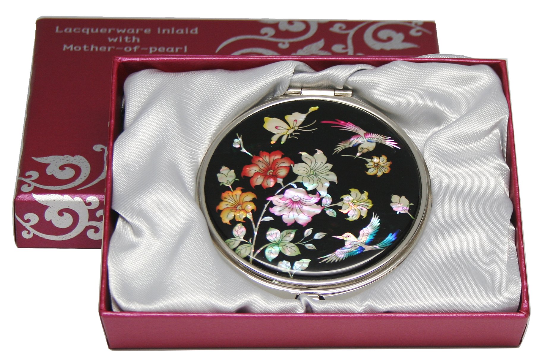 Miroir Compact Double Face En Nacre – Motif Fleur De Cerisier Élégant Avec Étui Carte De Visite, Argenté