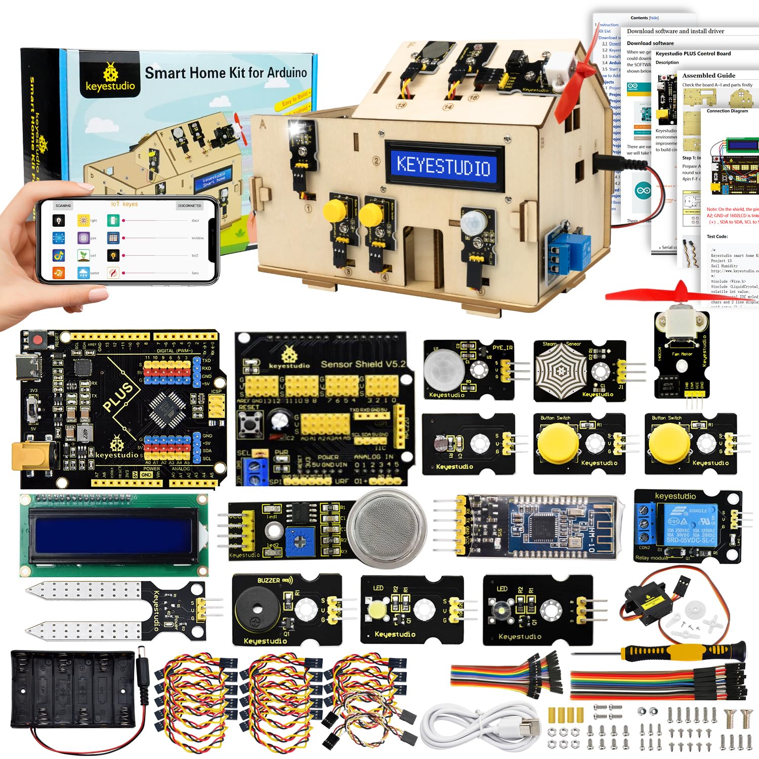 KEYESTUDIO Zestaw startowy smart home, kompatybilny z Arduino IoT, kompletny zestaw, projekt budowniczo-elektroniczny, moduł z mikrokontrolerem UN0 R3 i akcesoriami