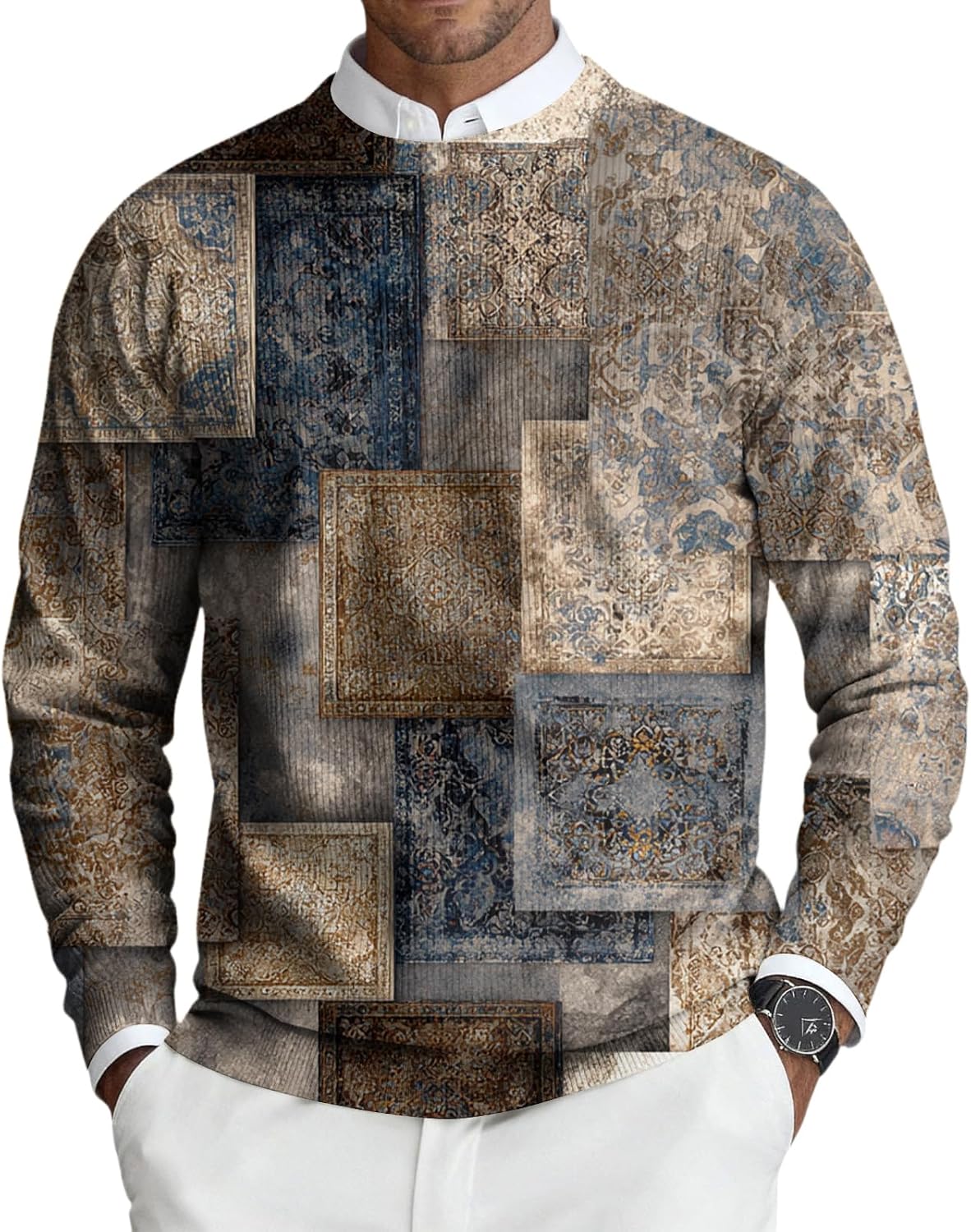 Mens Vintage Print Sweatshirts Fall Long Sleeve Crewneck Ribbed Knit Pullover Fashion Tops Casual Loose Outfits