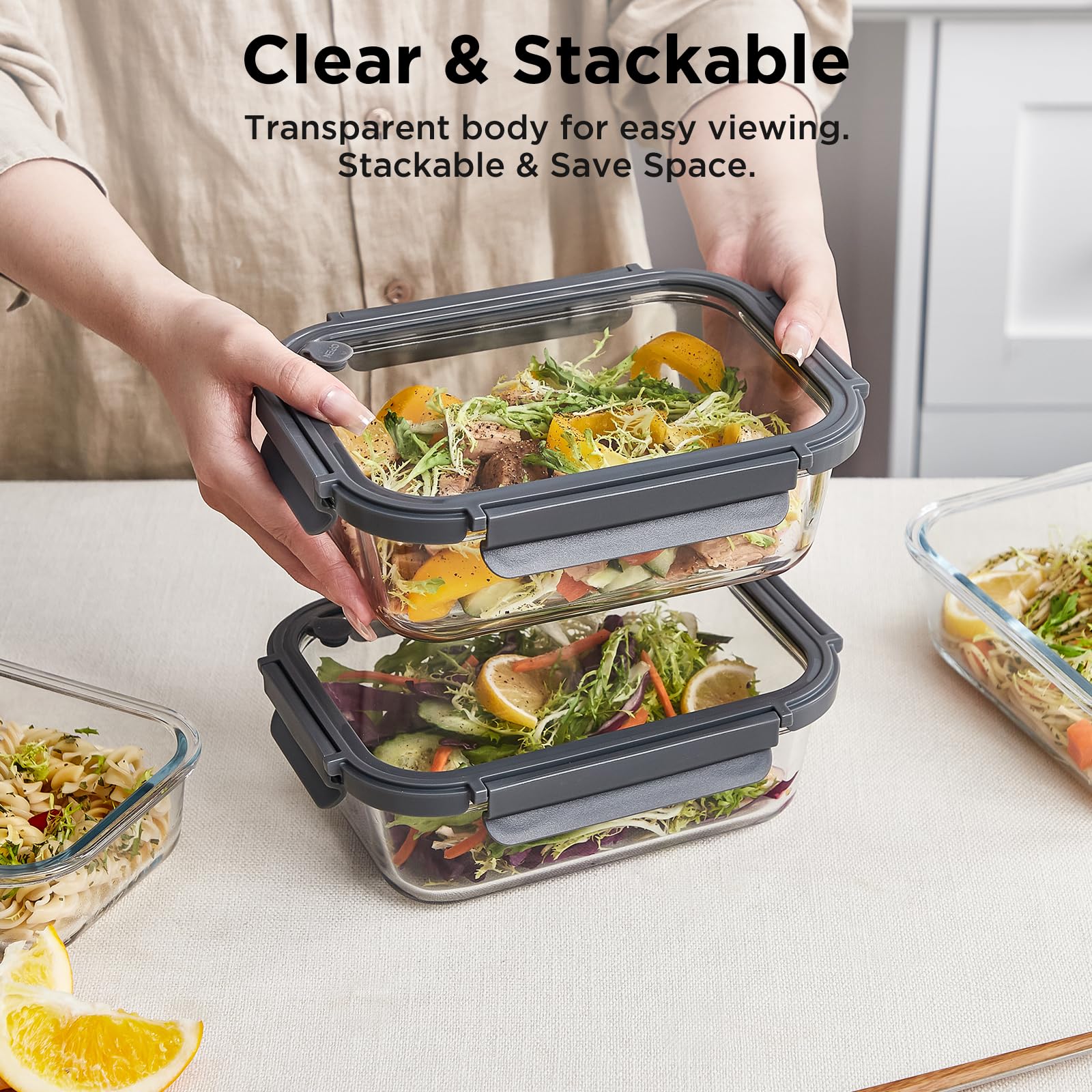 Glas-Frischhaltedosen mit Deckel, 600 ml, Glas-Mahlzeiten-Vorbereitungsbehälter mit luftdichten Deckeln, mikrowellengeeignet, BPA-frei, auslaufsicher, ideal für Mittagessen, 10 Stück
