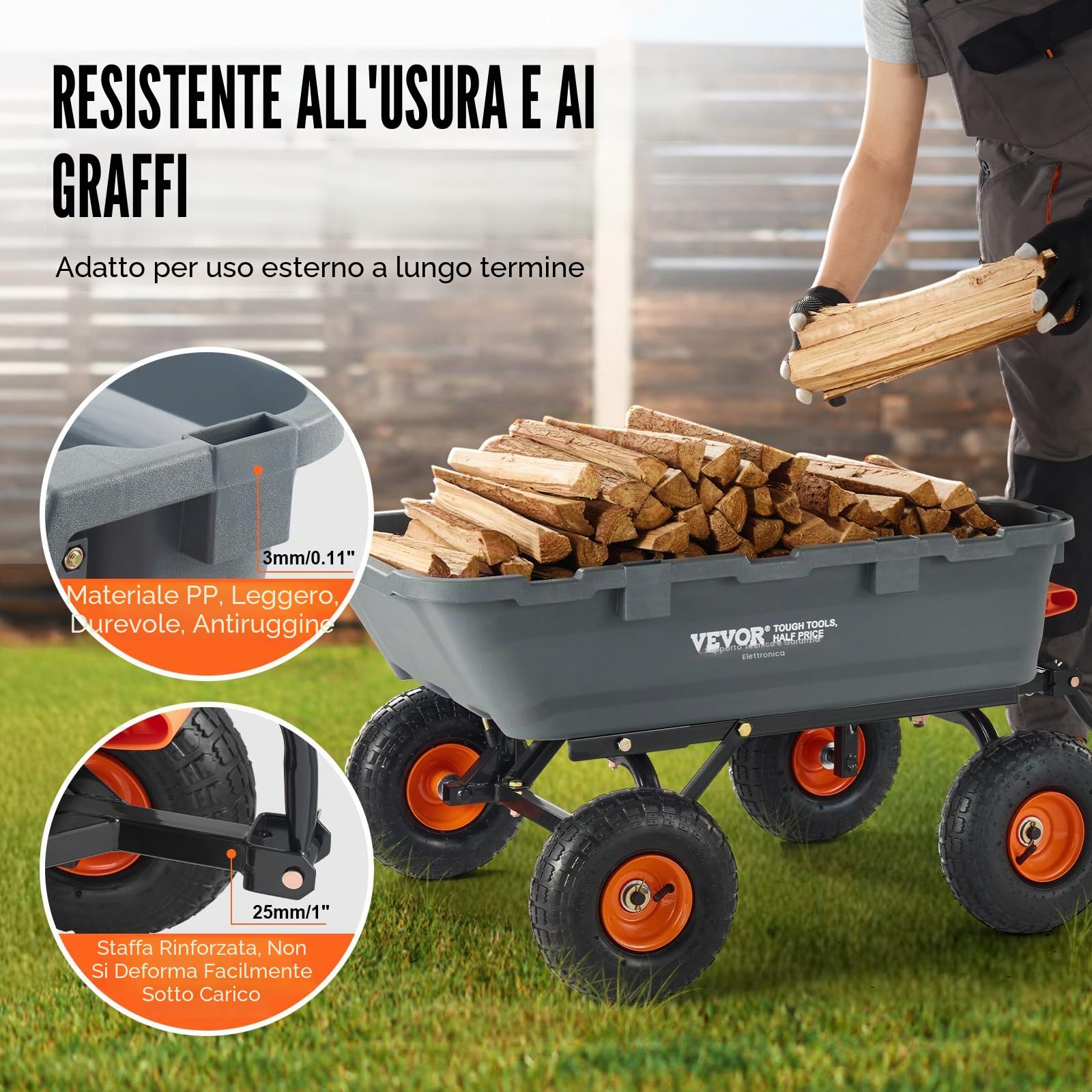 VEVOR Carrello Ribaltabile, Carrello Ribaltabile da Giardino con Telaio in Acciaio, Carro Ribaltabile con Maniglia Convertibile 2 in 1, Carriola Utilitaria Capacità di 800 libbre