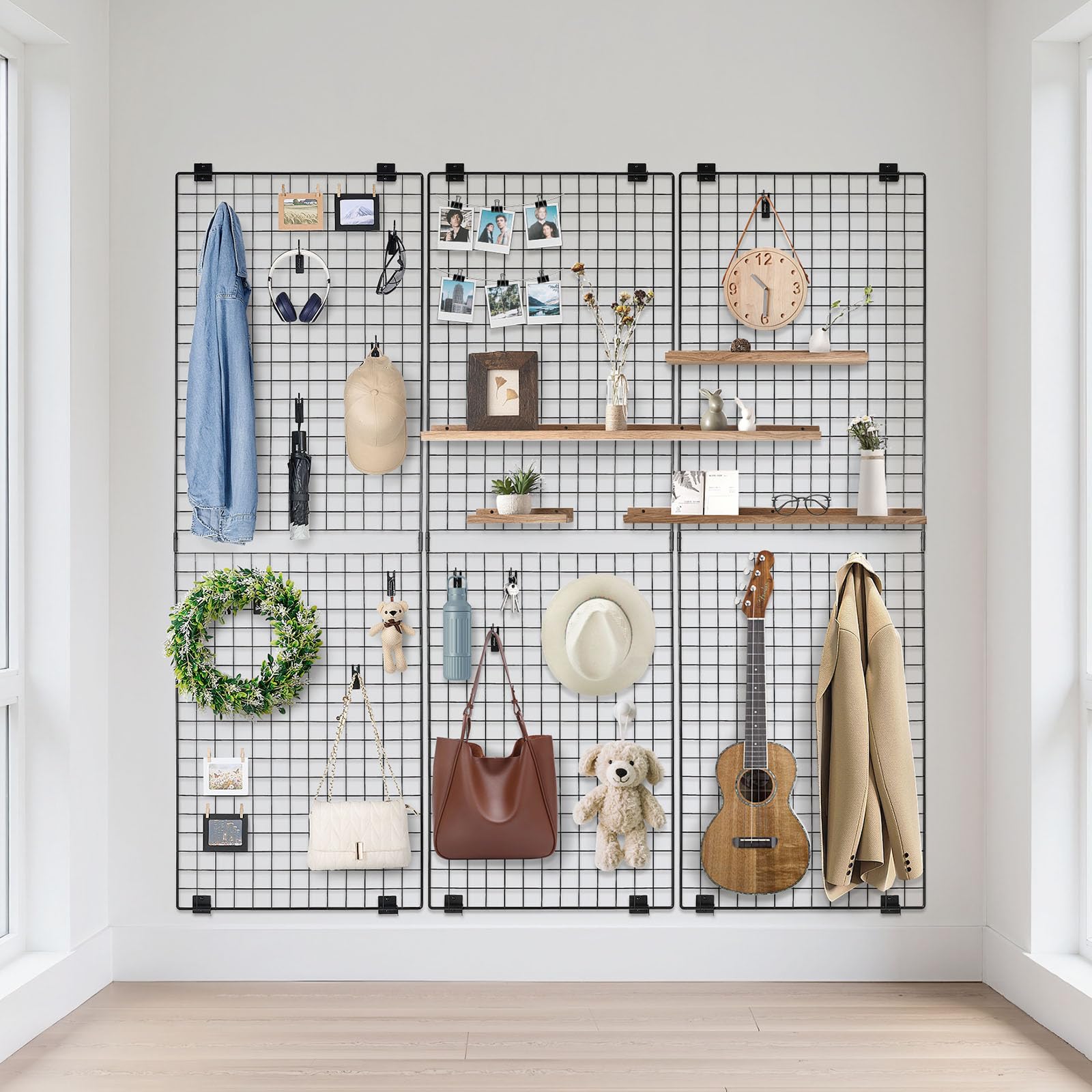VEVOR Paneles de Pared de Rejilla, 610 x 11 x 1828 mm, 3 Unidades, Estante de Exhibición de Arte Montado en la Pared de Acero al Carbono, Tablero de Notas de Pared para Fotos, Decoración, Negro