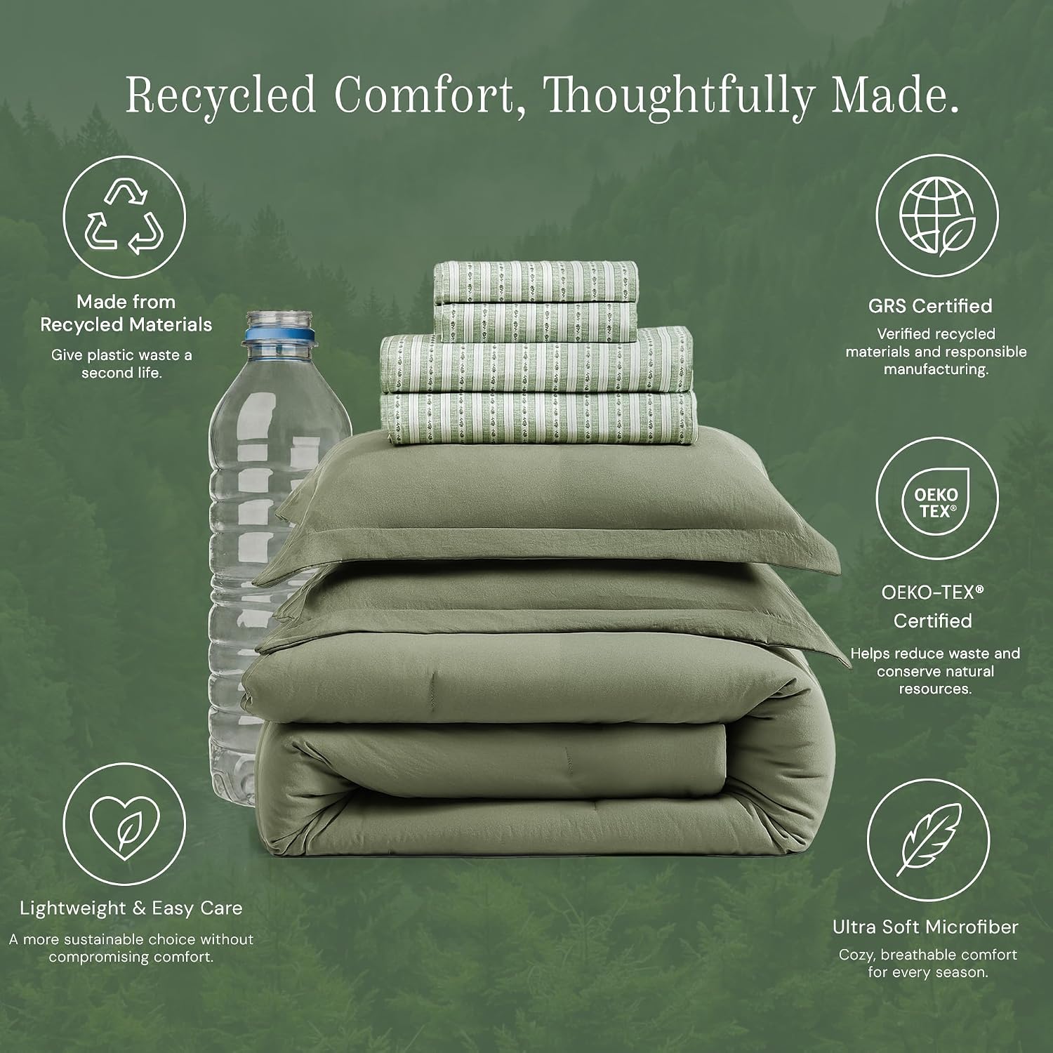 Queen Comforter Set with Sheets-7 Pieces Soft Recycled Bed in a Bag Bedding | All Seasons Queen Size Comforter with Printed Sheets Bed Set, 2 Pillow Shams & 2 Pillowcases, Tempest Green image 5