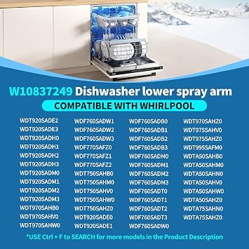 [UPGRADED] W10837249 Dishwasher Lower Spray Arm Replacement for Whirlpool