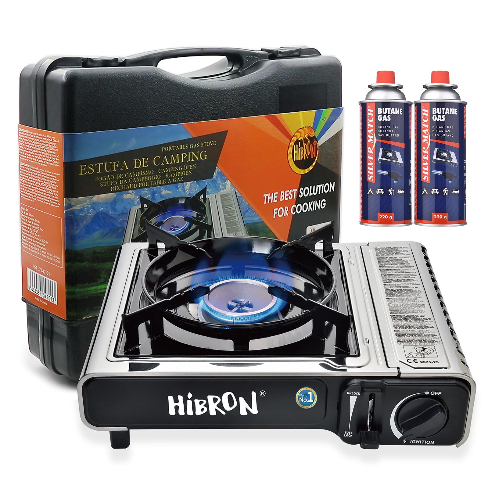 HIBRON Hornillo de Camping Portátil con Maletín – Compacto y Ligero, Compatible con Cartuchos de Gas EN17476/UL147B + 2 Cartuchos Incluidos