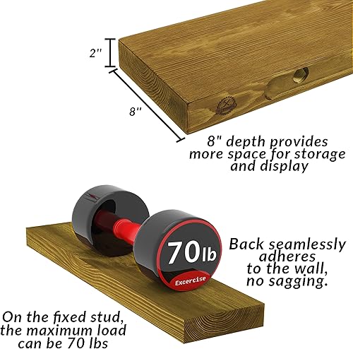 Miniatura 3 de Estantes flotantes rústicos de 24 pulgadas de largo y 8 pulgadas de profundidad, estantes de pared de madera maciza para dormitorio, sala de estar,