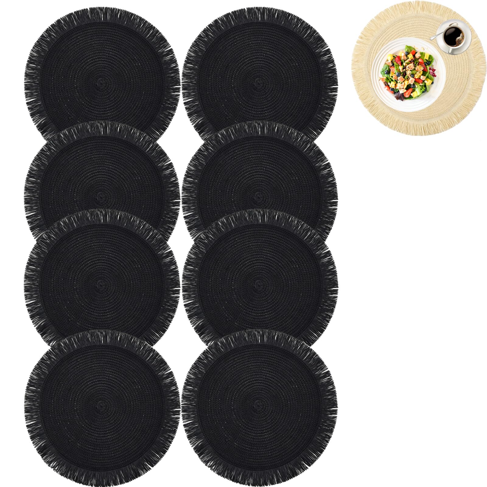 Manteles individuales redondos trenzados, hechos a mano, con flecos, resistentes al calor y fáciles de limpiar, manteles individuales de estilo granja para cocina, mesa de comedor y hogar (negro, 8