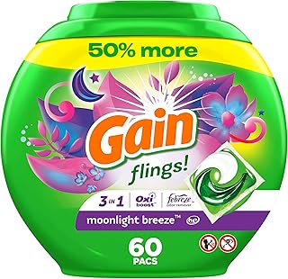 Gain flings! Laundry Detergent Soap Pacs HE Compatible 60 ct Long Lasting Scent Moonlight Breeze