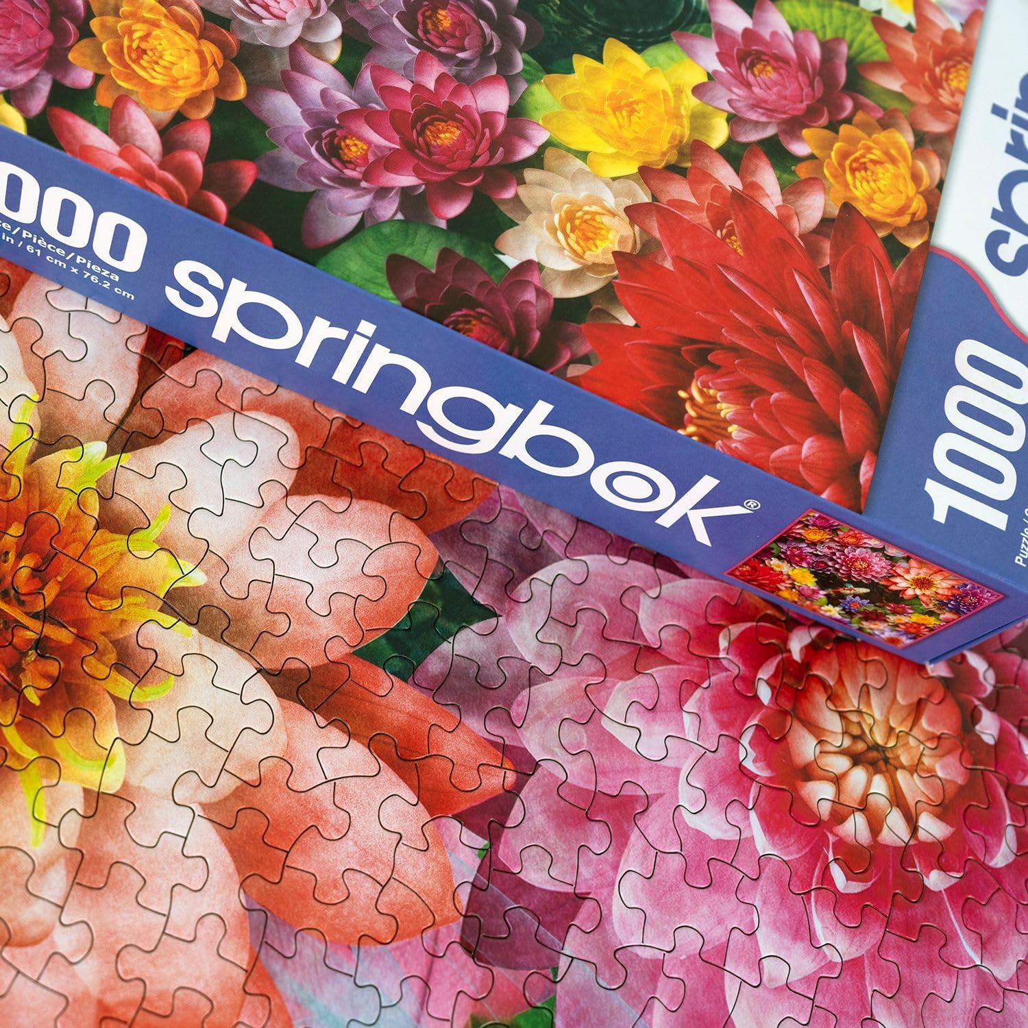 Springbok's Colorful Koi Pond 1000 Piece Jigsaw Puzzle for Adults displays a Colorful and Serene Scene of Koi Fish in a Pond Blooming with Water Lilies - Made in The USA