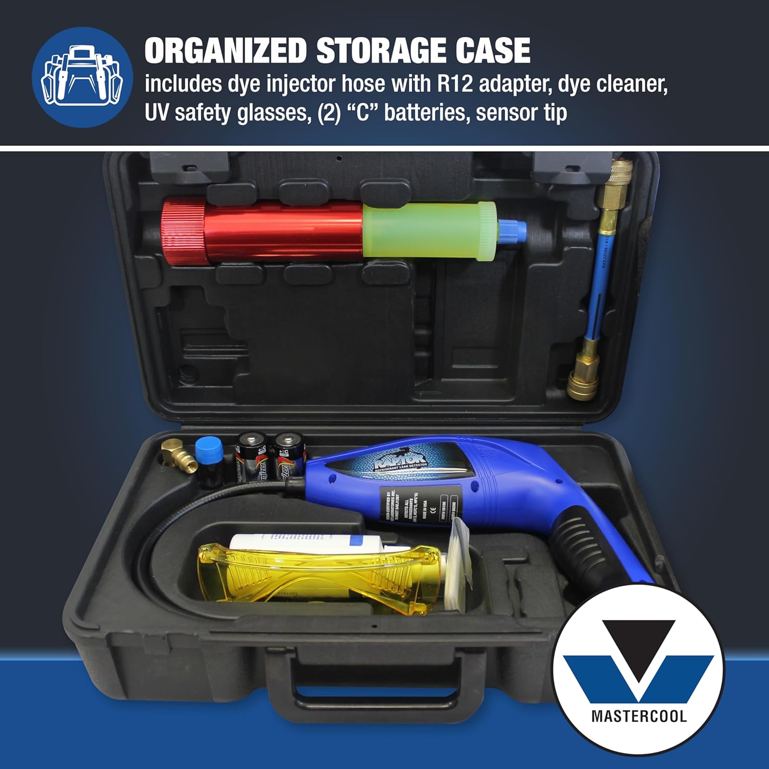 Mastercool 56300 UV and Electronic Leak Detection Kit – Raptor Detector with UV Light – Cartridge Dye Injector – Includes Glasses, Hose, Cleaner