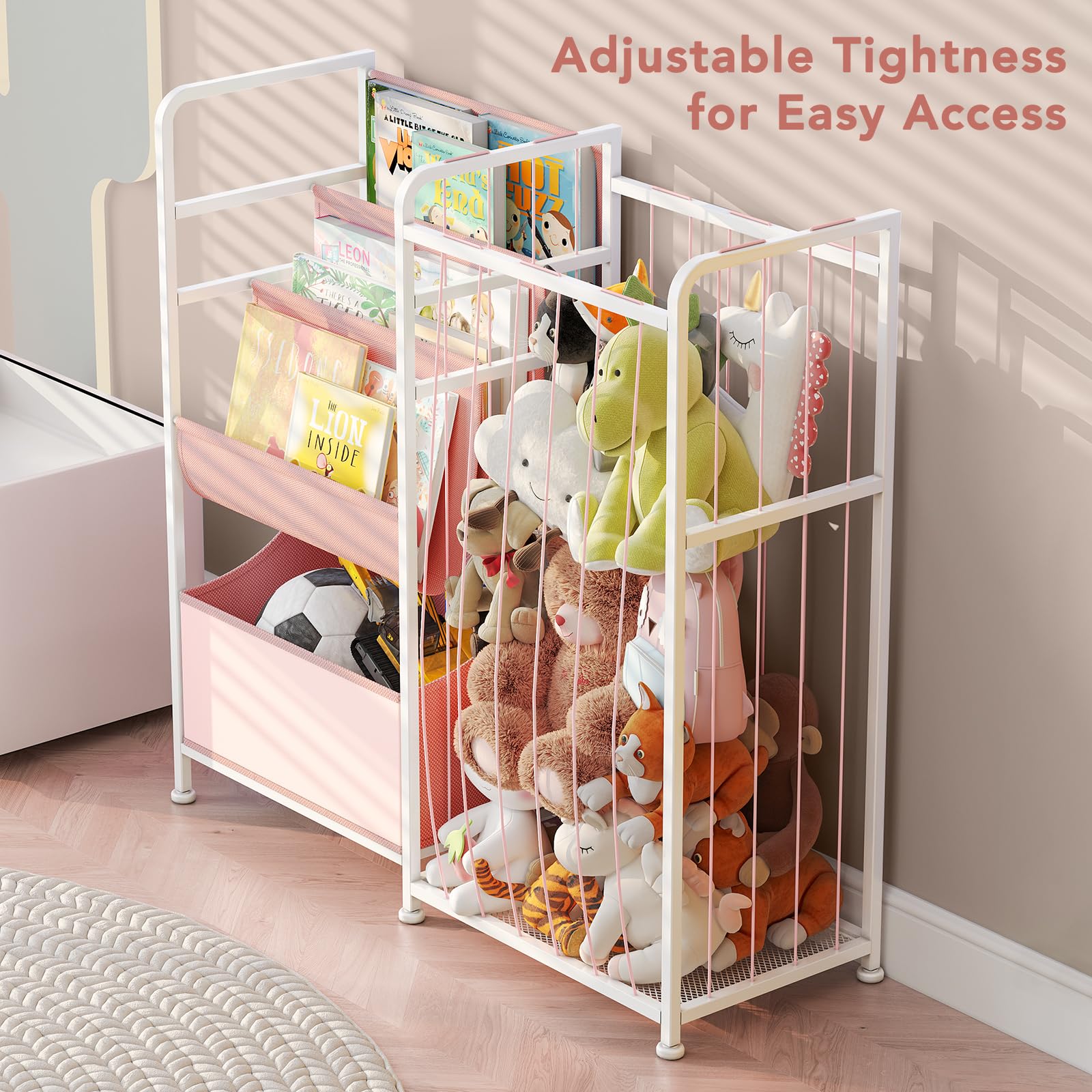 Estantería para niños y almacenamiento de animales de peluche, estantes multifuncionales para libros de guardería con caja de juguetes de cuero y exhibición de libros de PVC, organizador de 6
