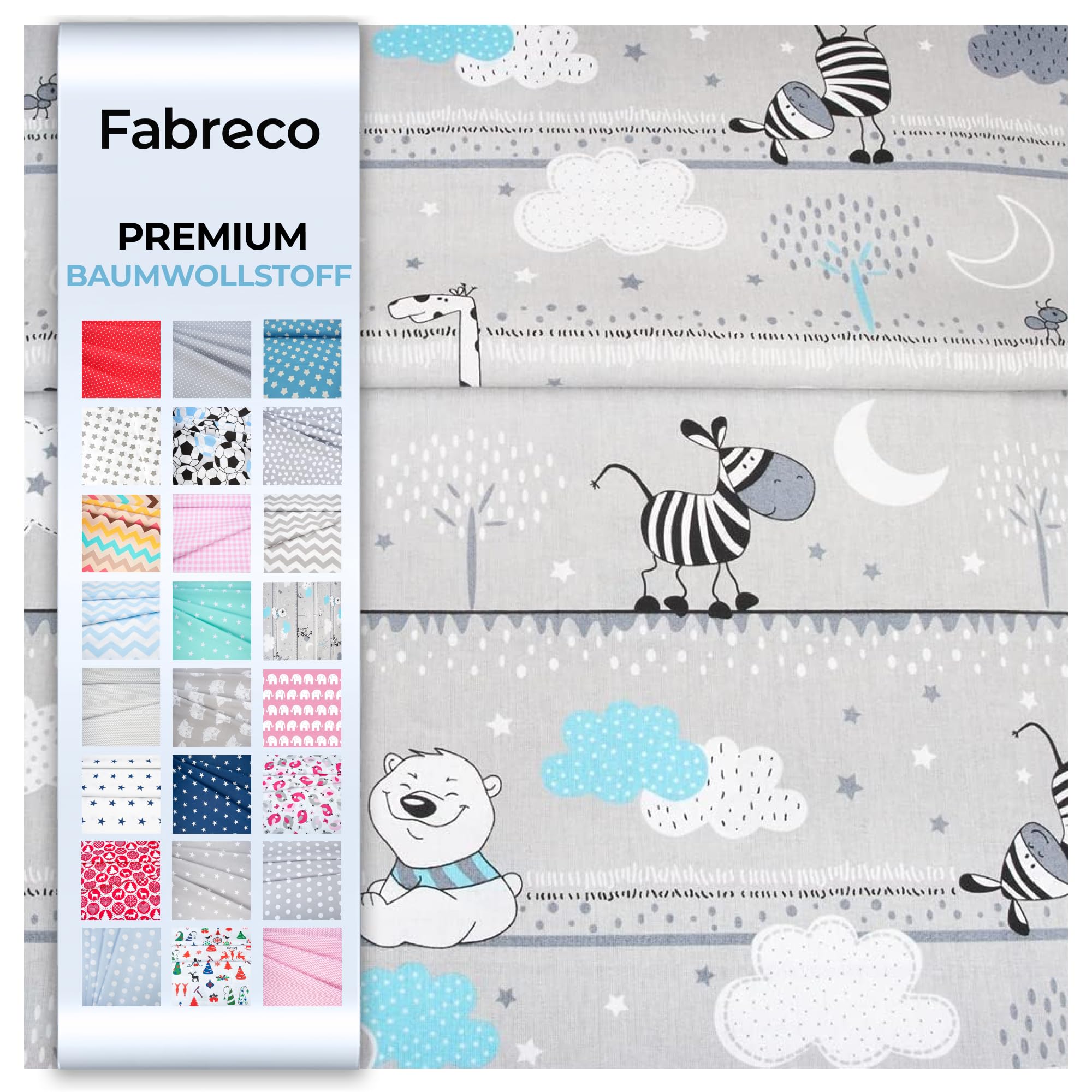Fabreco - Baumwollstoff Meterware - 220g/lfm | Stoff Meterware mit Muster: Bären, Teddybär mit Zebra türkis | Weich, langlebig & hautfreundlich