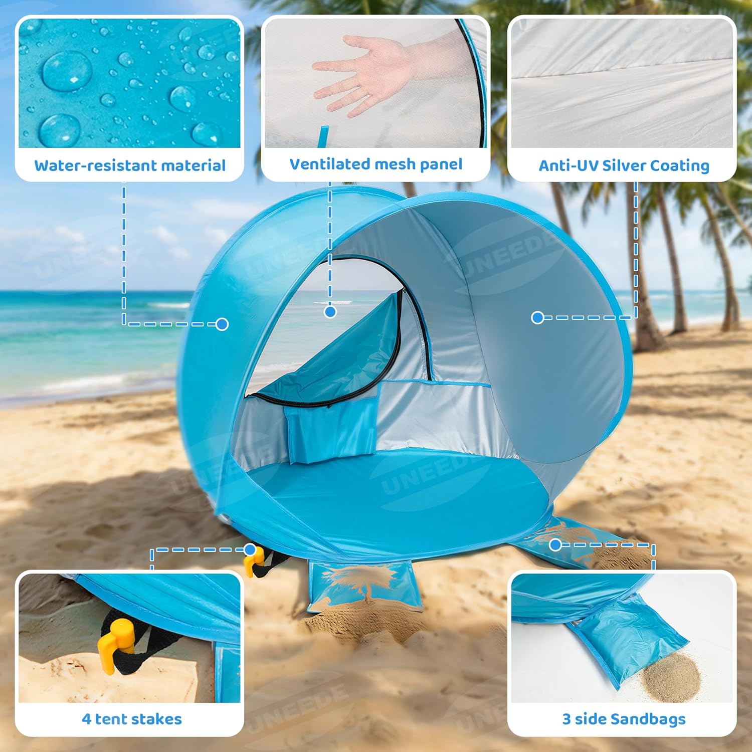 Baby Beach Tent Pop Up Baby Tent with UV Protection - Portable Infant Shade Canopy, Must-Have Beach Baby Essentials (Blue, 32.7" x 28.5" x 30.7")