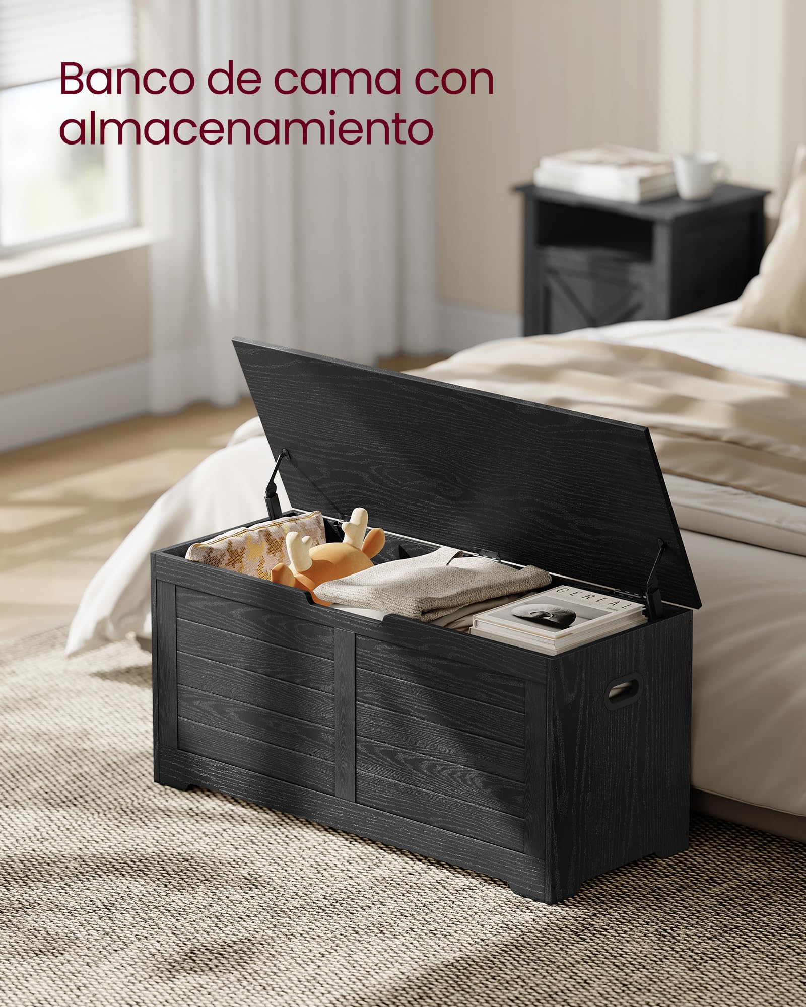 VASAGLE Puff Almacenaje con 2 Bisagras de Seguridad, 40 x 100 x 46 cm | Baúl, Banco Zapatero, Estilo de Campo, para Pasillo Dormitorio Salón, Gris Carbón, Colección SOFIE LSB061B01
