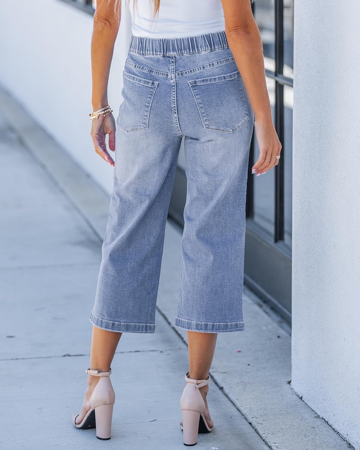 GRAPENT Capri Jeans for Women Wide Leg High Waisted Effortless Flow Pull On Stretchy Denim Elastic Waist Pants with Pockets - Image 2