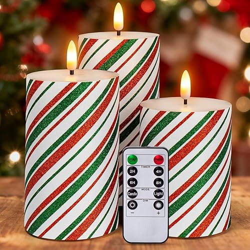 Miniatura 11 de Velas parpadeantes de Navidad sin llama con rayas rojas con purpurina, pilar de cera real, velas eléctricas LED con temporizador remoto para Rayas