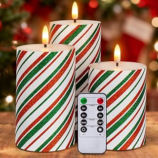 Red Green Stripe Flameless Pillar Candles with Timer, Real Wax Flickering Battery Operated Candles for Christmas Holiday Home Decor, Set of 3 (D3 x H4 5" 6")